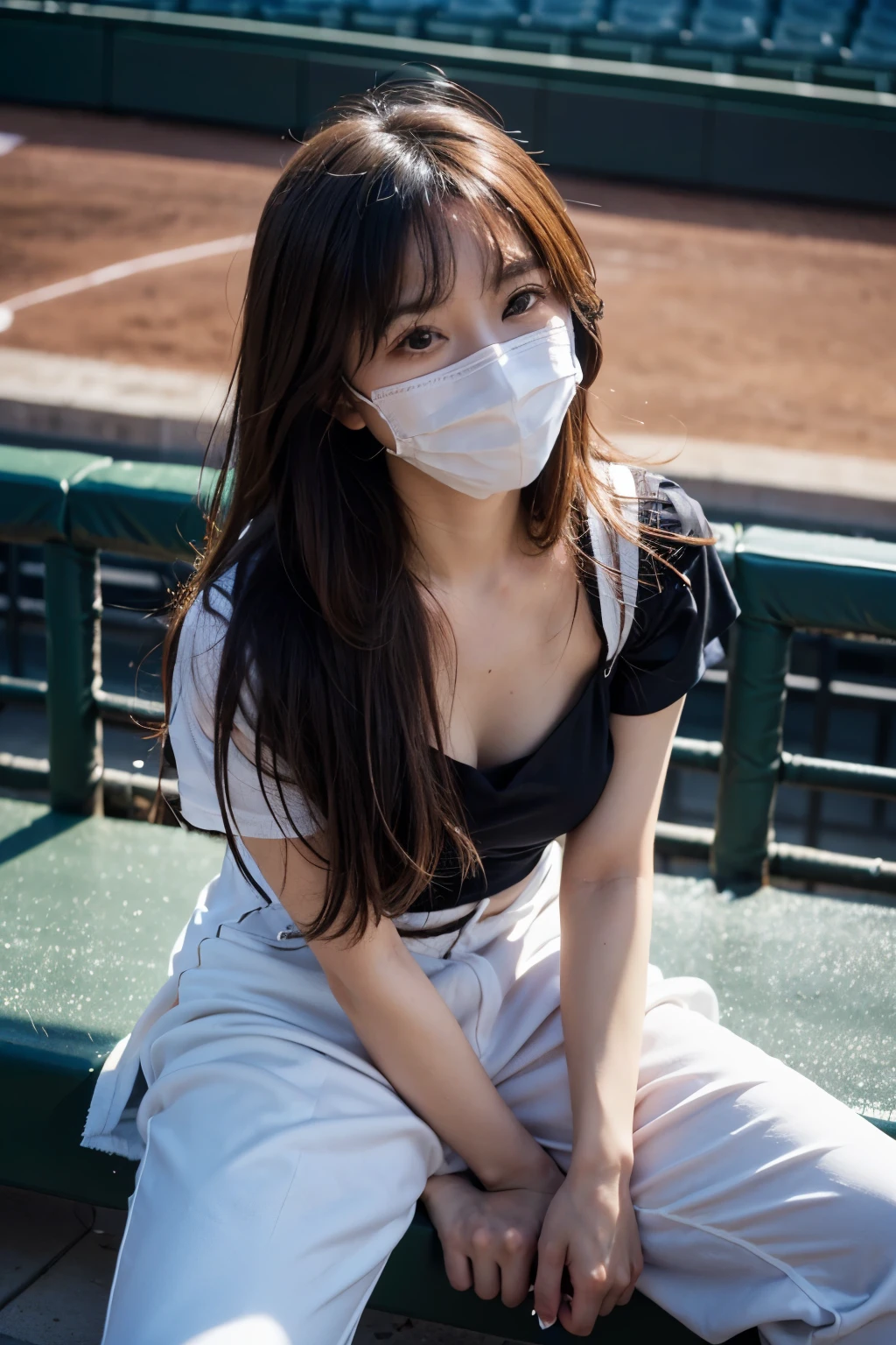 (8k, RAW Photo, Best Picture Quality, Masterpiece:1.2), (Realistic, Photorealistic:1.37), Natural, Ultra High Quality, Super Detail, Super Fine, Fine Skin, Sharp Focus, Bokeh, Glossy, Depth of Field, Shiny Hair, Shiny Skin BREAK 1 woman, Japanese, milf, (30yo:1.5 ), smooth skin, no makeup, long hair, (light brown hair:1.2), black eyes, shiny eyes,T-shirt,looking away,(white mask:1.3)
BREAK
(down blouse:1.5), ((nipples, nsfw):0.4), (small breasts:1.1), (woman sitting in bleachers at baseball stadium:1.5), (top view:1.5), (baseball stadium spectator seat:1.2), (perfect anatomy:1.2) BREAK