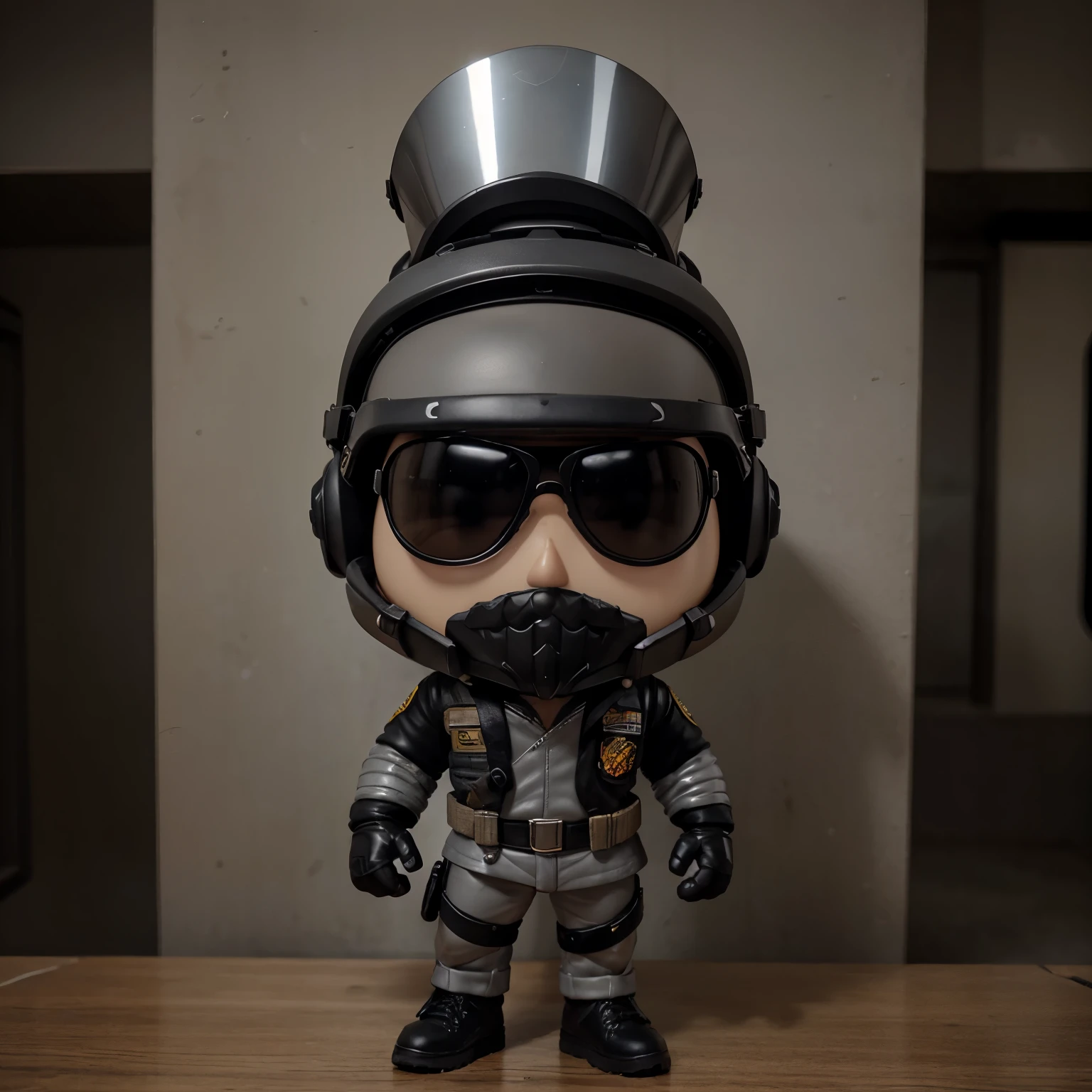 A ((funko)) male, with black beard, wears a combat pilot helmet, grey trousers, topgun jacket,