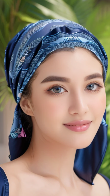 Masterpiece, realistic, best quality, best lighting, 1 pretty girl with angelic face, ((full body photo shot head to toe)), beautifully makeup, eyeshadow, Parted Lips, Detailed Eyes, beautiful big eyes, long eye lashes, smile, wearing ((Dark blue satin headscarf)), loosely tide hijab style, (thight swim suit), very big breast, cooking in the yard