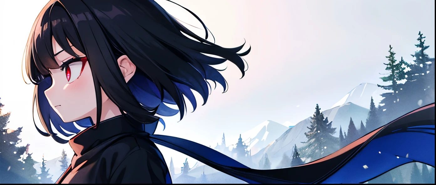 Young girl, black hair, juvenile child, eight years old, 8 years old, flowing hair, short hair, red eyes, piercing gaze, basic clothing, traditional clothing, ninja clothing, black clothing, profile, forest setting, side lighting, blue lighting -cobalt, particles, fog, dark, masterpiece, beautiful art, shadows