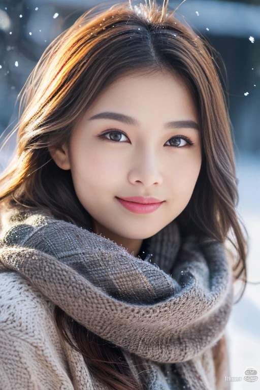 (best quality,4k,8k,highres,masterpiece:1.2),ultra-detailed,(realistic,photorealistic,photo-realistic:1.37),portrait,charcoal sketch,vibrant colors,soft lighting,natural beauty,radiant warmth,airy atmosphere,intense gaze,subtle emotions,luscious red lips,flowy brown hair,snow-covered landscape,delicate snowflakes,serene tranquility,soft winter light,subtle blush on cheeks, expressive eyes,dark lashes,crisp air,subtle steam as she breathes,snowflakes gently falling on skin,peaceful smile,strategic composition, asian, asiatique
