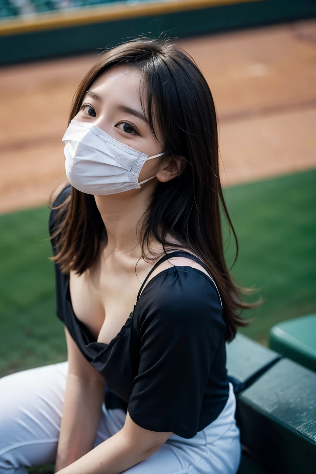 (8k, RAW Photo, Best Picture Quality, Masterpiece:1.2), (Realistic, Photorealistic:1.37), Natural, Ultra High Quality, Super Detail, Super Fine, Fine Skin, Sharp Focus, Bokeh, Glossy, Depth of Field, Shiny Hair, Shiny Skin BREAK 1 woman, Japanese, milf, (30yo:1.5 ), smooth skin, no makeup, long hair, (light brown hair:1.2), black eyes, shiny eyes,T-shirt,looking away,(white mask:1.3)

BREAK

 (down blouse:1.5), ((nipples, nsfw):0.4), (small breasts:1.1), (woman sitting in bleachers at baseball stadium:1.5), (top view:1.5), (baseball stadium spectator seat:1.2), (perfect anatomy:1.2) BREAK