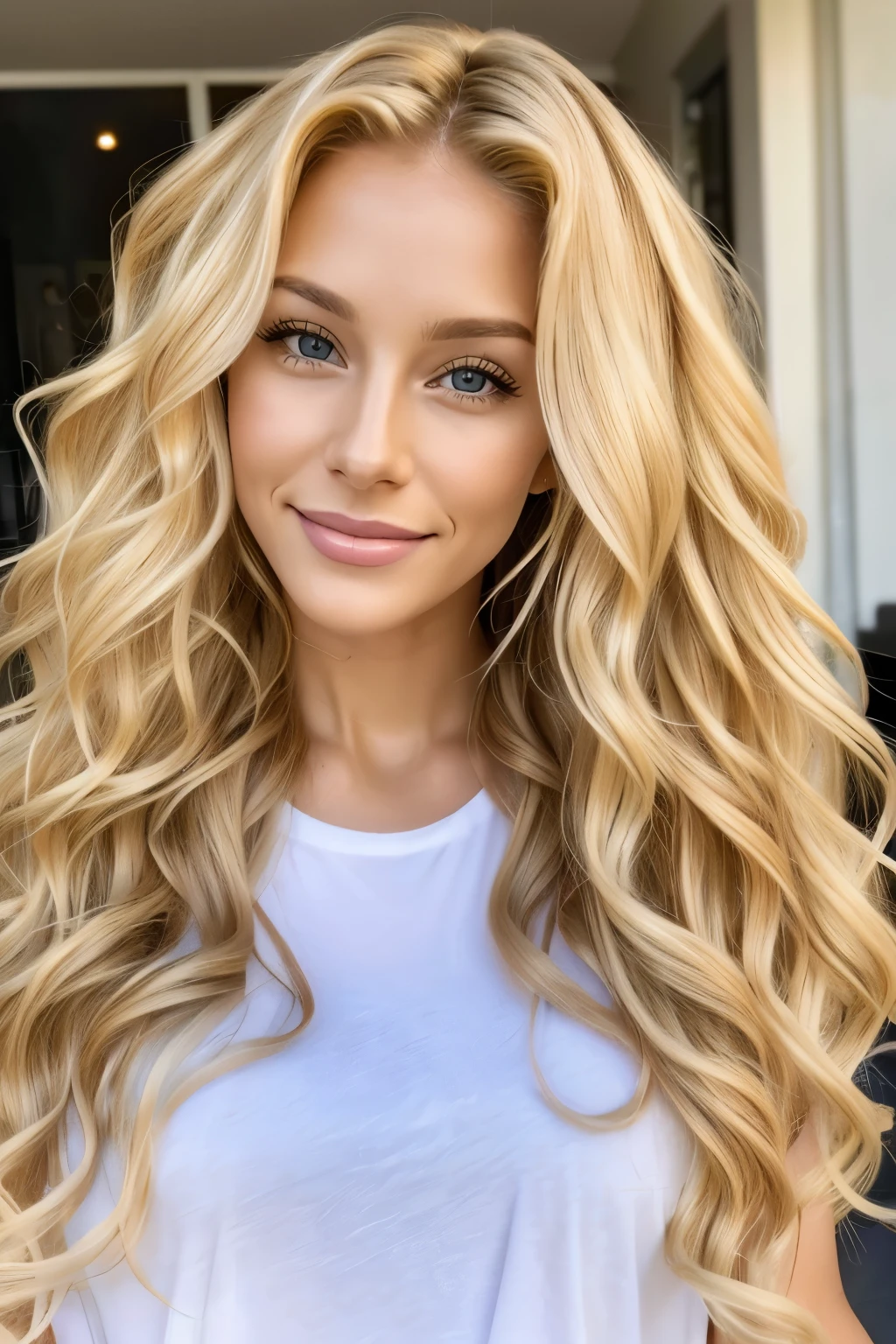 Woman with big smile and long blonde hair wearing sexy yellow T-shirt, Curly blonde, curly blonde hair | D & D, long curly light blond hair, blonde curly hair, long curly windblown blonde hair, curly blonde hair, long curly windblown blonde hair, curly blond hair, blond curly hair, blonde goddess, a gorgeous blonde, pale skin, curly blonde hair, long wavy blonde hair, restaurant drinking coffee 