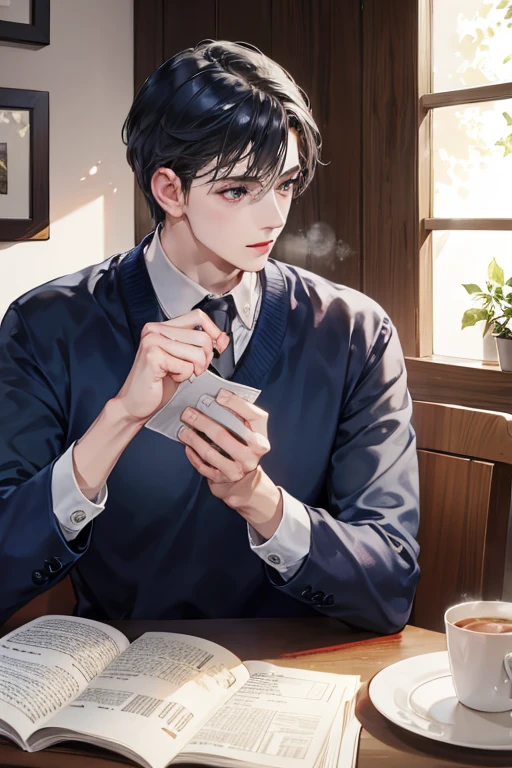 A navy haired man with navy eyes is reading a paper at the breakfast table