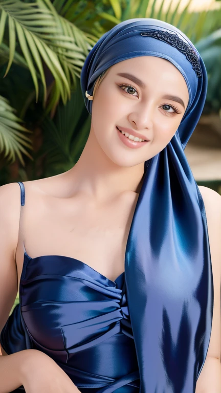 Masterpiece, realistic, best quality, best lighting, 1 pretty girl with angelic face, ((full body photo shot head to toe)), beautifully makeup, eyeshadow, Parted Lips, Detailed Eyes, beautiful big eyes, long eye lashes, smile, wearing ((Dark blue satin headscarf)), loosely tide hijab style, (thight swim suit), very big breast, cooking in the yard