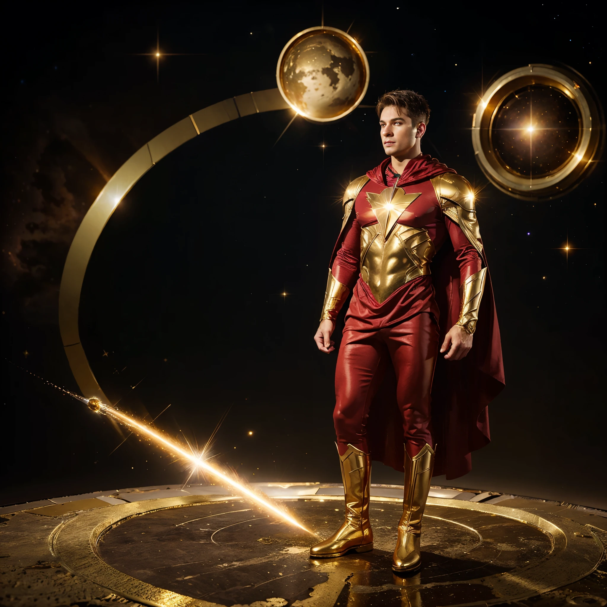 male superhero Wear a tight red dress that wows, a gold cape, gold gloves, and gold boots. There is a golden symbol in the middle of the chest, standing full-body, a realistic image of space galaxy in the background.