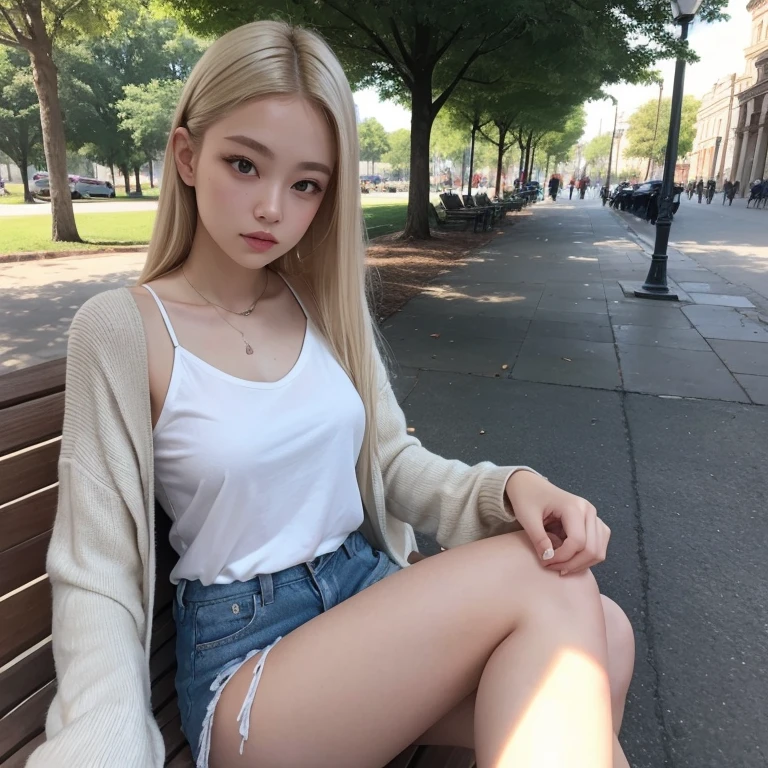 A 19 year old woman with her bleached hair color medium gray with large brown eyes, light skin and atmosphere sitting in the park taking a selfie