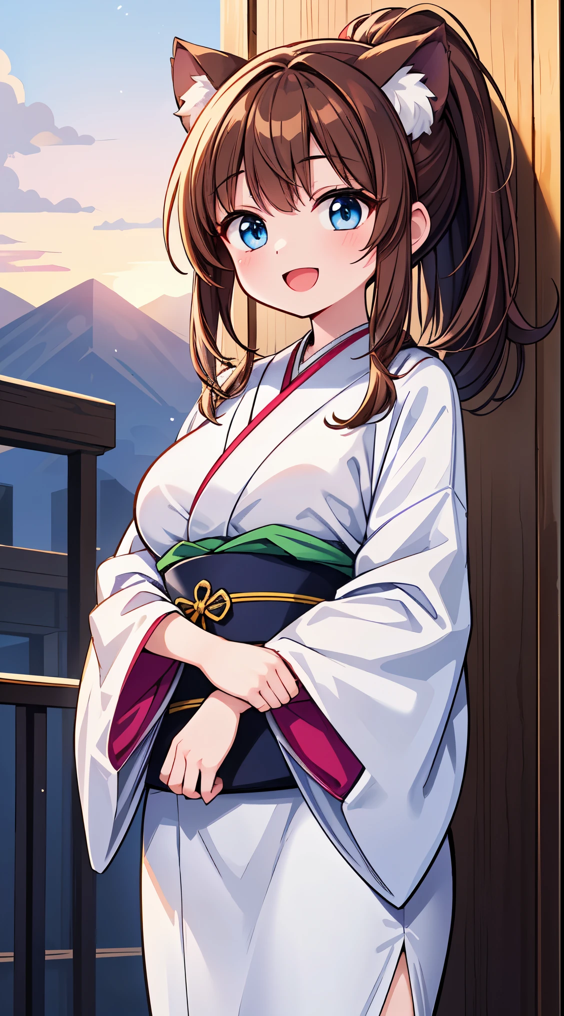 (masterpiece, top quality, best quality, official art, beautiful and aesthetic:1.2),ultra-detailed,intricate details,amazing illustration,award-winning art,atmospheric,
BREAK, 1 beautiful girl, (17 years old girl), Very detailed, colourfull, highest details, BREAK, (Huge breasts: 1. 2), Clear skin, Beautiful skin, Shy skin, 1 beautiful girl, (Brown hair:1.75), (Cat ears, Ponytail, medium-Long hair: 1. 2), (Light blue eyes, long eyelashes, Double eyelids: 1. 2),Solo,gleaming skin, Clear skin, Beautiful skin,(best quality face),(Top quality glowing eyes),(The best smile,:D:1.45),
BREAK , furisode, obi, sash, (kimono), (Japanese-style hair-ornament), tabi, zouri, long hems, standing, (spread arms:1.2),symmetrical, feet focus, head tilt, smile, BREAK, background, the sun is beginning to rise behind a mountain, outdoors, BREAK,wakame,wakame,wakame,(Cowboy Shot:1.4),
BREAK,(Blurry background:1.3),(absurderes, hight resolution, Super Detail Art),cel shading,Clear Color, Lonely optical effect, Beautiful pictures, Bright glow, mystic atmosphere,(Close-up of girl:1.1), Mystical light particle effect,manga influence, clean line drawings,