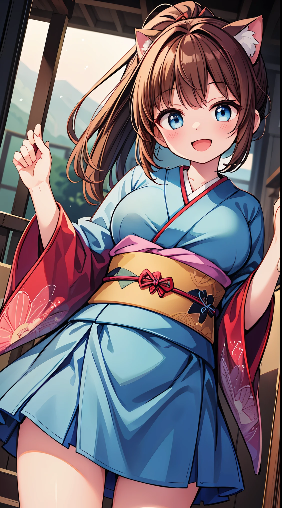 (masterpiece, top quality, best quality, official art, beautiful and aesthetic:1.2),ultra-detailed,intricate details,amazing illustration,award-winning art,atmospheric, 
BREAK, 1 beautiful girl, (17 years old girl), Very detailed, colourfull, highest details, BREAK, (Huge breasts: 1. 2), Clear skin, Beautiful skin, Shy skin, 1 beautiful girl, (Brown hair:1.75), (Cat ears, Ponytail, medium-Long hair: 1. 2), (Light blue eyes, long eyelashes, Double eyelids: 1. 2),Solo,gleaming skin, Clear skin, Beautiful skin,(best quality face),(Top quality glowing eyes),(The best smile,:D:1.45),

BREAK , furisode, obi, sash, (kimono), (Japanese-style hair-ornament), tabi, zouri, long hems, standing, (spread arms:1.2),symmetrical, feet focus, head tilt, smile, BREAK, background, the sun is beginning to rise behind a mountain, outdoors, BREAK,wakame,wakame,wakame,(Cowboy Shot:1.4),

BREAK,(Blurry background:1.3),(absurderes, hight resolution, Super Detail Art),cel shading,Clear Color, Lonely optical effect, Beautiful pictures, Bright glow, mystic atmosphere,(Close-up of girl:1.1), Mystical light particle effect,manga influence, clean line drawings,