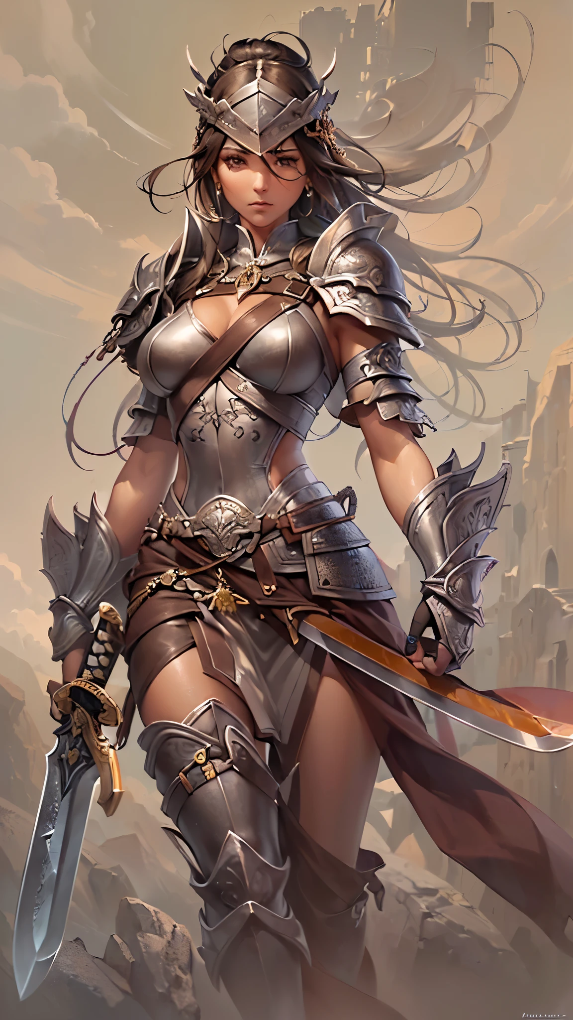 ((highest quality)),(ultra high resolution),(Super detailed),(detailed description),((best CG)),(best work of art),super precision art,great drawing art,(Fantasy art with precise details:1.5), (1 Female Warrior:1.6),((Carrying a sword on his back:1.7)),Simple armor:1.5,Tempered body:1.5, wilderness:1.8,hard weather:1.7