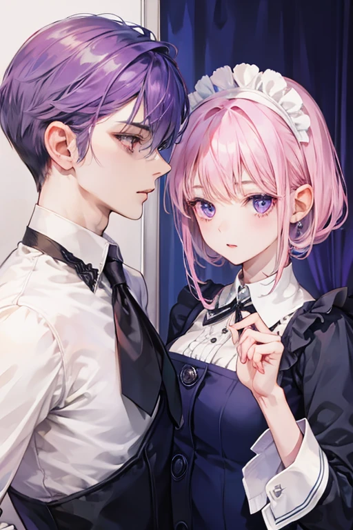 A navy haired butler with navy eyes is working with a pink haired maid with violet eyes 
