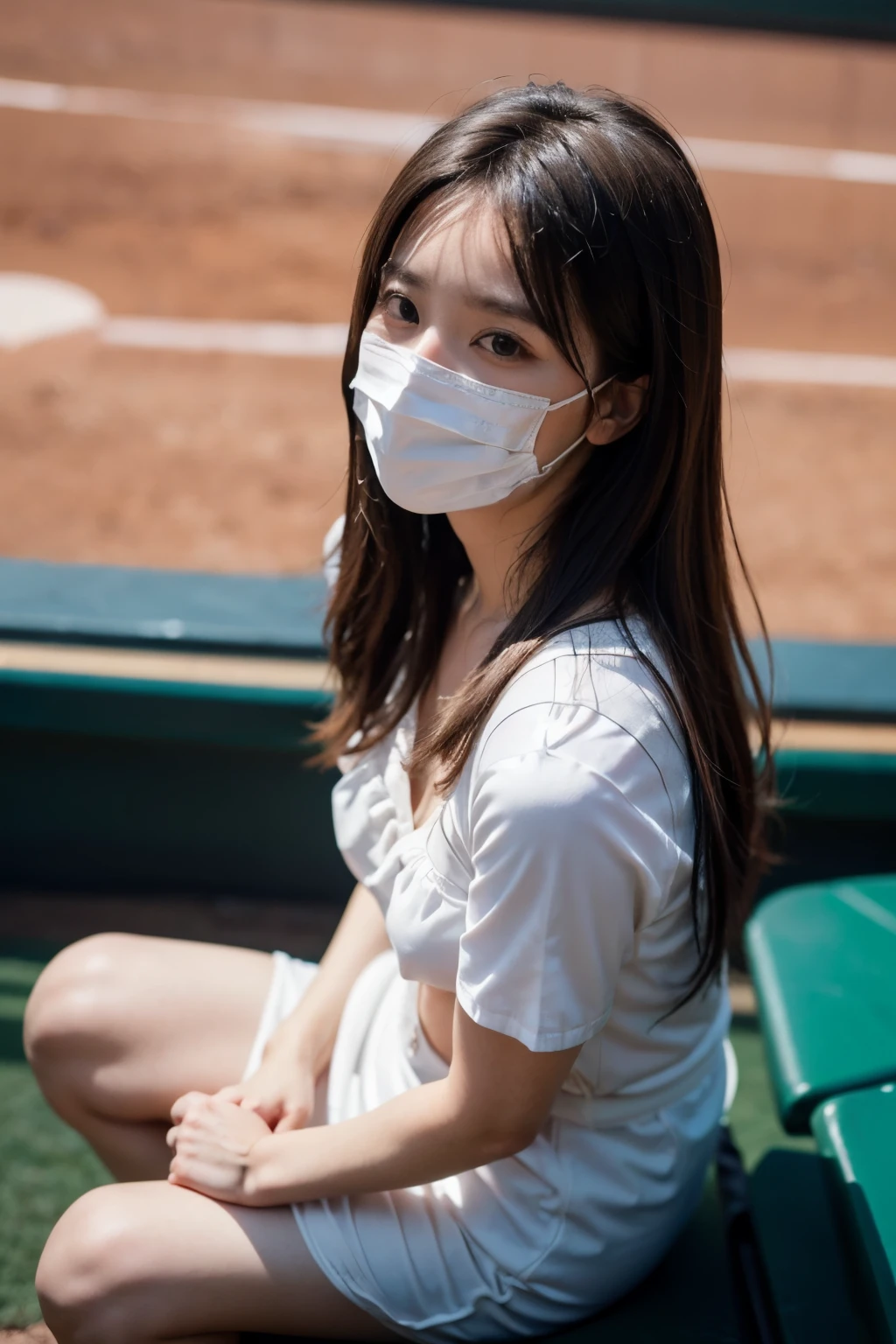 (8k, RAW Photo, Best Picture Quality, Masterpiece:1.2), (Realistic, Photorealistic:1.37), Natural, Ultra High Quality, Super Detail, Super Fine, Fine Skin, Sharp Focus, Bokeh, Glossy, Depth of Field, Shiny Hair, Shiny Skin BREAK 1 woman, Japanese, milf, (30yo:1.5 ), smooth skin, no makeup, long hair, (light brown hair:1.2), black eyes, shiny eyes,T-shirt,looking away,(white mask:1.3)

BREAK

 (down blouse:1.5), ((nipples, nsfw):0.4), (small breasts:1.1), (woman sitting in bleachers at baseball stadium:1.5), (top view:1.5), (baseball stadium spectator seat:1.2), (perfect anatomy:1.2) BREAK