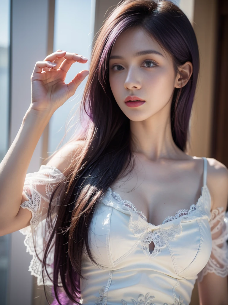 highest quality,masterpiece,very detailed,High resolution,4K,ultra High resolution,detailed shadow,ultra realistic,realistic,dramatic lighting,1 girl,alone,detailed face,realistic eyes,realistic skin,white dress,purple hair,dynamic pose, white lace dress、showing my chest、straddling、naked、shortcut、Feelings、Cheeks are slightly rounded