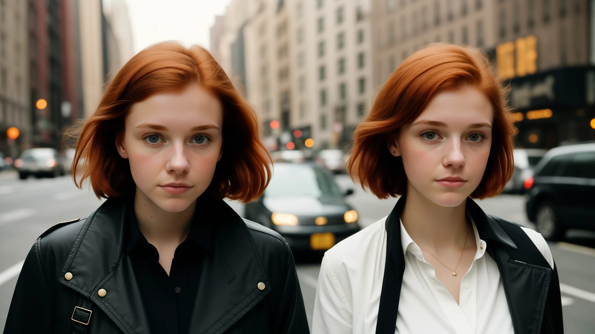 beautiful petite young woman, 18 year old, short ginger hair,floppy hair, cold, (investigative journalist:1,5), dark jacket, white dress shirt, new york city, Photojournalism, 35mm, Kodak Gold 200, Depth of Field, Materiality