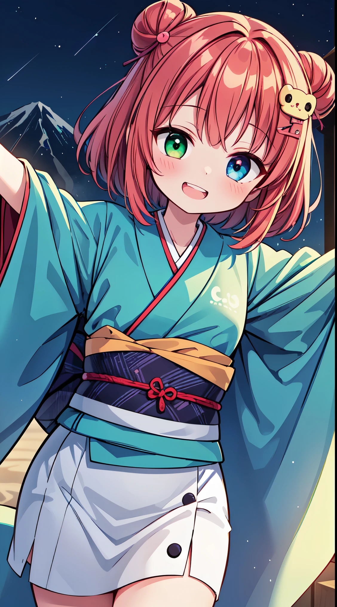 (masterpiece, top quality, best quality, official art, beautiful and aesthetic:1.2),ultra-detailed,intricate details,amazing illustration,award-winning art,atmospheric, 
BREAK, 1 beautiful girl, (kawaii:1.5), (Chibi: 0.8), (kawaii: 1.5), (Lori: 0.5), (17 years old girl), BREAK(Red hair, short-hair,Two bunsThe hair:1.4),(:D,grin:1.3),( Heterochromia,The blue eye,The green eye, Eye Highlights,The first hyperfine stars:1.45) star the eye silhouette thick eyelashes, naked boobs double eyelids:1.2),(de pele branca),

BREAK , furisode, obi, sash, (kimono), (Japanese-style hair-ornament), tabi, zouri, long hems, standing, (spread arms:1.2),symmetrical, feet focus, head tilt, smile, BREAK, background, the sun is beginning to rise behind a mountain, outdoors, BREAK,wakame,wakame,wakame,(Cowboy Shot:1.4),

BREAK,(Blurry background:1.3),(absurderes, hight resolution, Super Detail Art),cel shading,Clear Color, Lonely optical effect, Beautiful pictures, Bright glow, mystic atmosphere,(Close-up of girl:1.1), Mystical light particle effect,manga influence, clean line drawings,