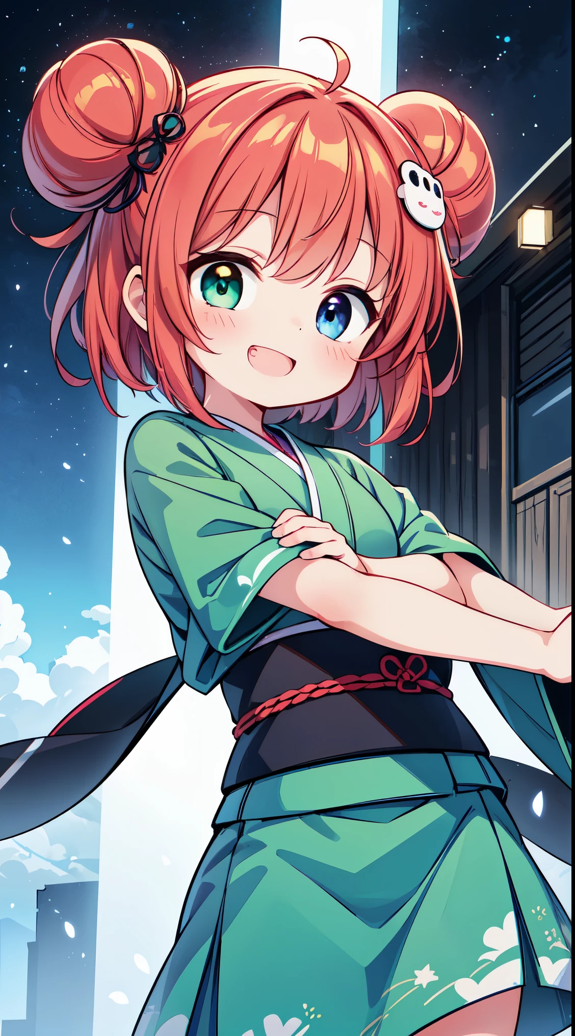(masterpiece, top quality, best quality, official art, beautiful and aesthetic:1.2),ultra-detailed,intricate details,amazing illustration,award-winning art,atmospheric, 
BREAK, 1 beautiful girl, (kawaii:1.5), (Chibi: 0.8), (kawaii: 1.5), (Lori: 0.5), (17 years old girl), BREAK(Red hair, short-hair,Two bunsThe hair:1.4),(:D,grin:1.3),( Heterochromia,The blue eye,The green eye, Eye Highlights,The first hyperfine stars:1.45) star the eye silhouette thick eyelashes, naked boobs double eyelids:1.2),(de pele branca),

BREAK , furisode, obi, sash, (kimono), (Japanese-style hair-ornament), tabi, zouri, long hems, standing, (spread arms:1.2),symmetrical, feet focus, head tilt, smile, BREAK, background, the sun is beginning to rise behind a mountain, outdoors, BREAK,wakame,wakame,wakame,(Cowboy Shot:1.4),

BREAK,(Blurry background:1.3),(absurderes, hight resolution, Super Detail Art),cel shading,Clear Color, Lonely optical effect, Beautiful pictures, Bright glow, mystic atmosphere,(Close-up of girl:1.1), Mystical light particle effect,manga influence, clean line drawings,