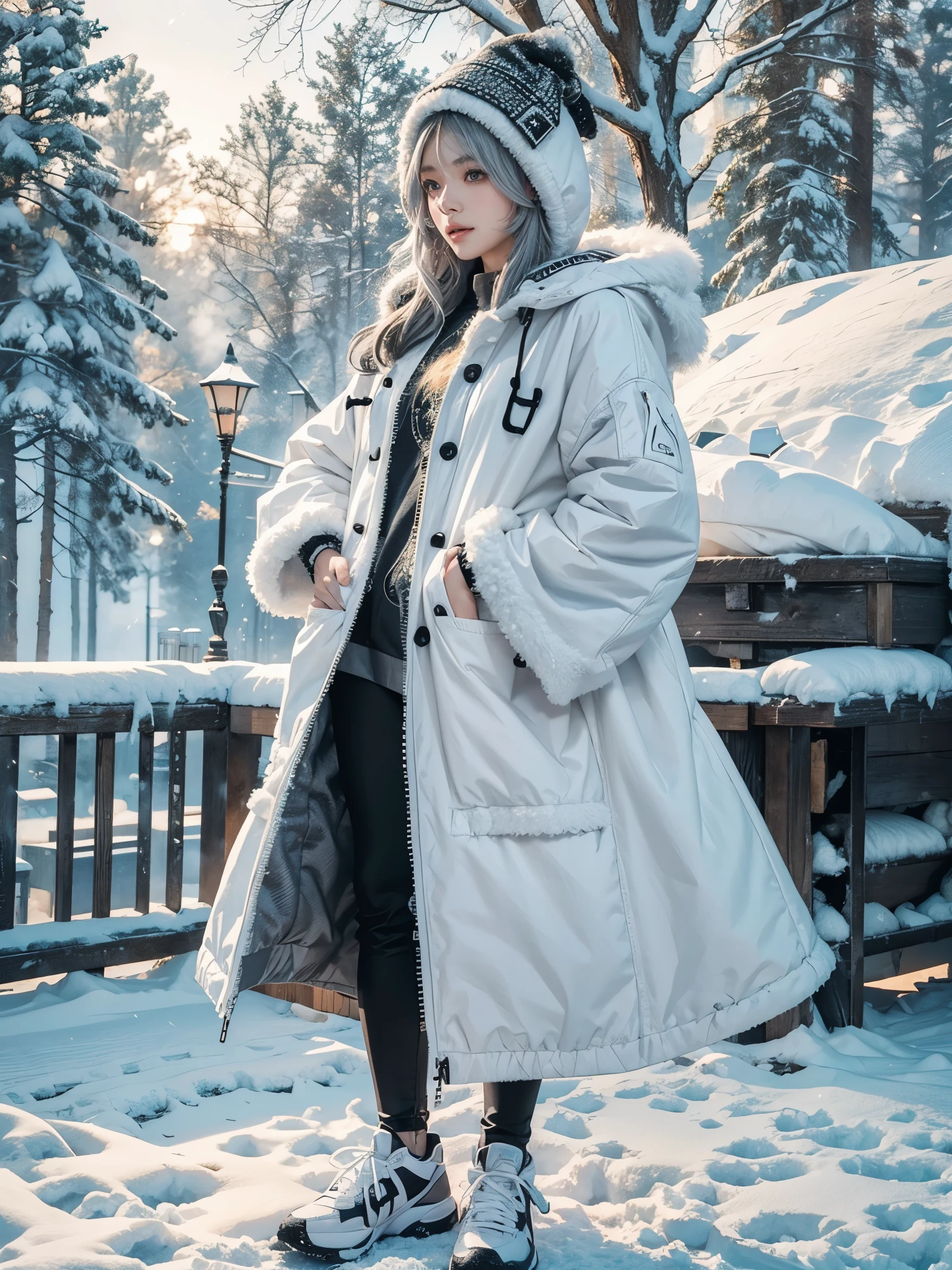 (official art), gorgeous, elegant, luxury, beautiful still life painting art, ultra detailed, beautiful, masterpiece, best quality,
_
BREAK (1girl:1.2), 22 years old, 160 cm, Japanese cute model, Tightened all body, medium Breasts, small head, small face, diamond Face, small nose, Sharp Faceline, young hands and fingers, beautiful hands and fingers, five fingers,
_
BREAK Glossy Lips, Light color lips, Half open mouth, beautiful Teeth, dropy eyes, Double eyelid, light color eyes,
_
BREAK (punk arranged hairstyle),(hairstyle with complicated decorations), (gray hair:1.3),
_
BREAK (White and black theme:1.3), (futuristic white background), BREAK (winter wonderland:1.3), (soft falling snow:1.2), (frost-covered trees:1.3), (playfully kicking snow:1.3), (gazing at the snowflakes:1.2), (blurry background, Fog, mist:1.4),
_
BREAK (cowboy shot:1.4), random pose,
_
_ BREAK (white fluffy Moko Moko p coat with hood:1.2), (black leggings with subtle pattern:1.2), (high-cut white sneakers:1.2),