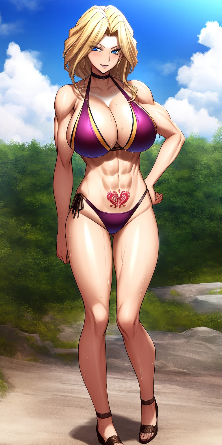cornelia_li_britannia, huge breasts, solo, standing, bikini, masterpiece, best quality, detailed face, detailed eyes, highreasterpiece:1.2), best quality, highres, original, (extremely detailed:1.2), backward, tanned skin, muscular, smile, blonde, accessories, bikini swimsuit, flowing sweat, top quality, slave crotch tattoos, full body photo,