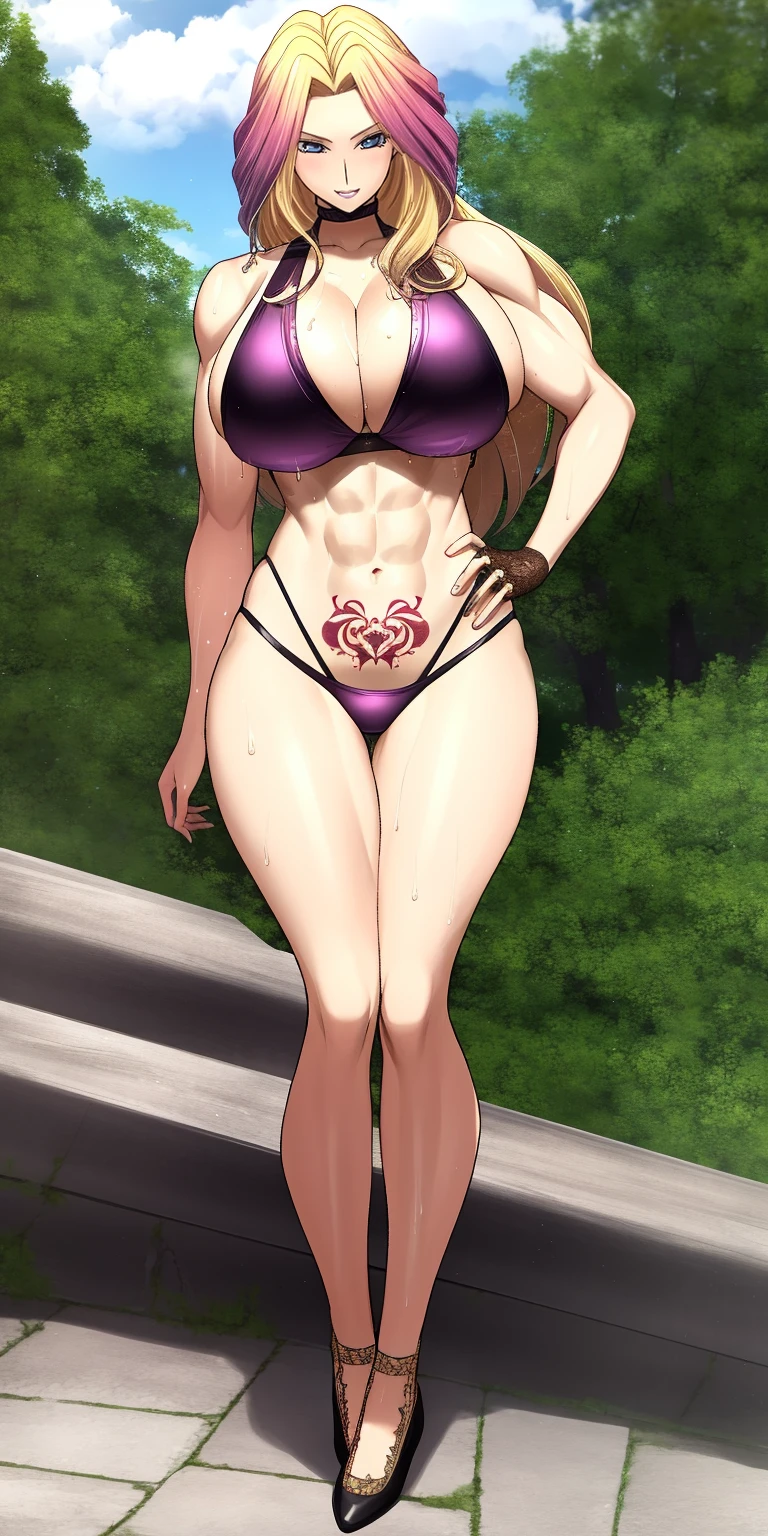 cornelia_li_britannia, huge breasts, solo, standing, bikini, masterpiece, best quality, detailed face, detailed eyes, highreasterpiece:1.2), best quality, highres, original, (extremely detailed:1.2), backward, tanned skin, muscular, smile, blonde, accessories, bikini swimsuit, flowing sweat, top quality, slave crotch tattoos, full body photo,