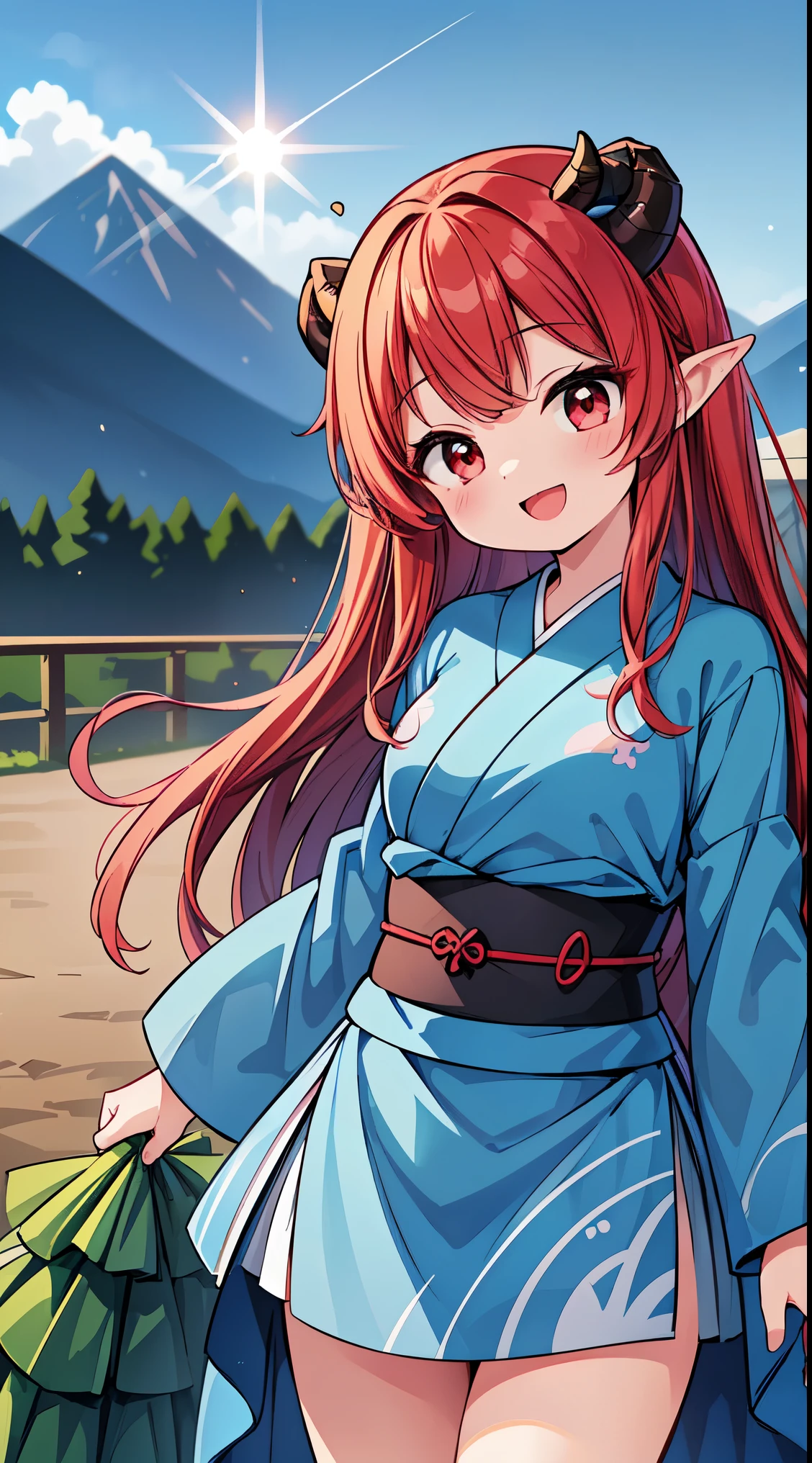 (masterpiece, top quality, best quality, official art, beautiful and aesthetic:1.2),ultra-detailed,intricate details,amazing illustration,award-winning art,atmospheric, 
BREAK, 1 beautiful girl, (Beauty:1.5),(Chibi:0.5),(kawaii:2.0),(Cool:2.0),((17 year old girl),(Solo:1.65),BREAK, (huge-breasted:1.2,), Clear skin, Beautiful skin, Shy, 1 beautiful woman,Demons,Colossal tits(The hair 弓, Red hair, Long hair, 反転したThe hair, 乱雑なThe hair,Wings of an angel on the back, Demon King's horn on the head:1.2), (Red Eyes, long eyelashes, Double eyelids: 1.2), Shiny skin,de pele branca,dial,(最高品質のfaces),(最高品質の輝くThe eye),(ドヤfaces,勇敢なfaces:1.45), (最高の笑faces,:D:1.45),

BREAK , furisode, obi, sash, (kimono), (Japanese-style hair-ornament), tabi, zouri, long hems, standing, (spread arms:1.2),symmetrical, feet focus, head tilt, smile, BREAK, background, the sun is beginning to rise behind a mountain, outdoors, BREAK,wakame,wakame,wakame,(Cowboy Shot:1.4),

BREAK,(Blurry background:1.3),(absurderes, hight resolution, Super Detail Art),cel shading,Clear Color, Lonely optical effect, Beautiful pictures, Bright glow, mystic atmosphere,(Close-up of girl:1.1), Mystical light particle effect,manga influence, clean line drawings,