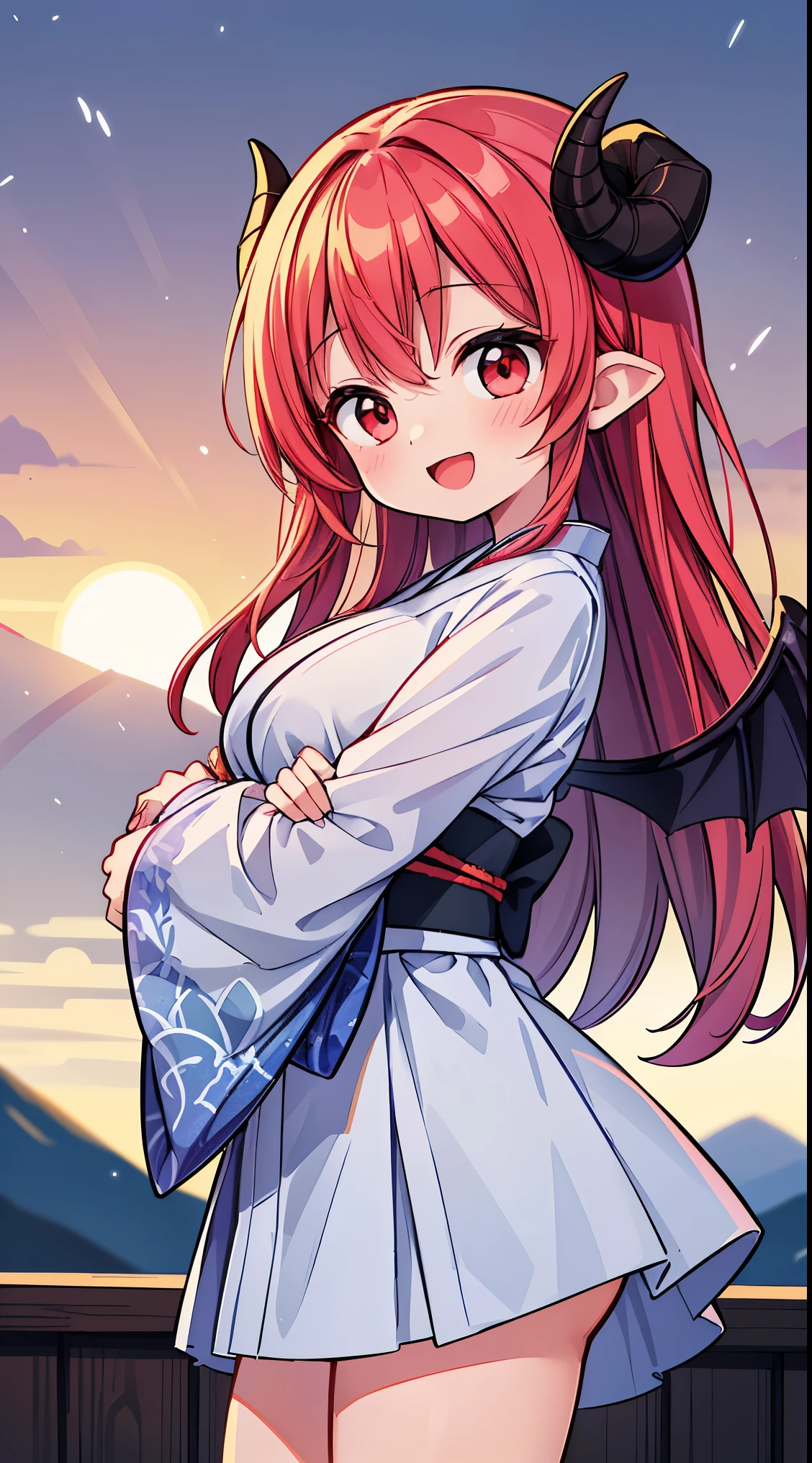 (masterpiece, top quality, best quality, official art, beautiful and aesthetic:1.2),ultra-detailed,intricate details,amazing illustration,award-winning art,atmospheric,
BREAK, 1 beautiful girl, (Beauty:1.5),(Chibi:0.5),(kawaii:2.0),(Cool:2.0),((17 year old girl),(Solo:1.65),BREAK, (huge-breasted:1.2,), Clear skin, Beautiful skin, Shy, 1 beautiful woman,Demons,Colossal tits(The hair 弓, Red hair, Long hair, 反転したThe hair, 乱雑なThe hair,Wings of an angel on the back, Demon King's horn on the head:1.2), (Red Eyes, long eyelashes, Double eyelids: 1.2), Shiny skin,de pele branca,dial,(最高品質のfaces),(最高品質の輝くThe eye),(ドヤfaces,勇敢なfaces:1.45), (最高の笑faces,:D:1.45),
BREAK , furisode, obi, sash, (kimono), (Japanese-style hair-ornament), tabi, zouri, long hems, standing, (spread arms:1.2),symmetrical, feet focus, head tilt, smile, BREAK, background, the sun is beginning to rise behind a mountain, outdoors, BREAK,wakame,wakame,wakame,(Cowboy Shot:1.4),
BREAK,(Blurry background:1.3),(absurderes, hight resolution, Super Detail Art),cel shading,Clear Color, Lonely optical effect, Beautiful pictures, Bright glow, mystic atmosphere,(Close-up of girl:1.1), Mystical light particle effect,manga influence, clean line drawings,