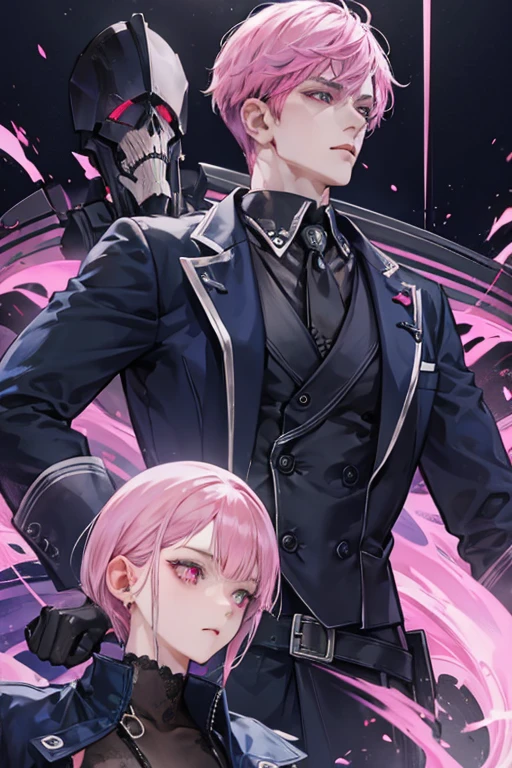 A navy haired male reaper with navy eyes is training a pink haired reaper with violet eyes
