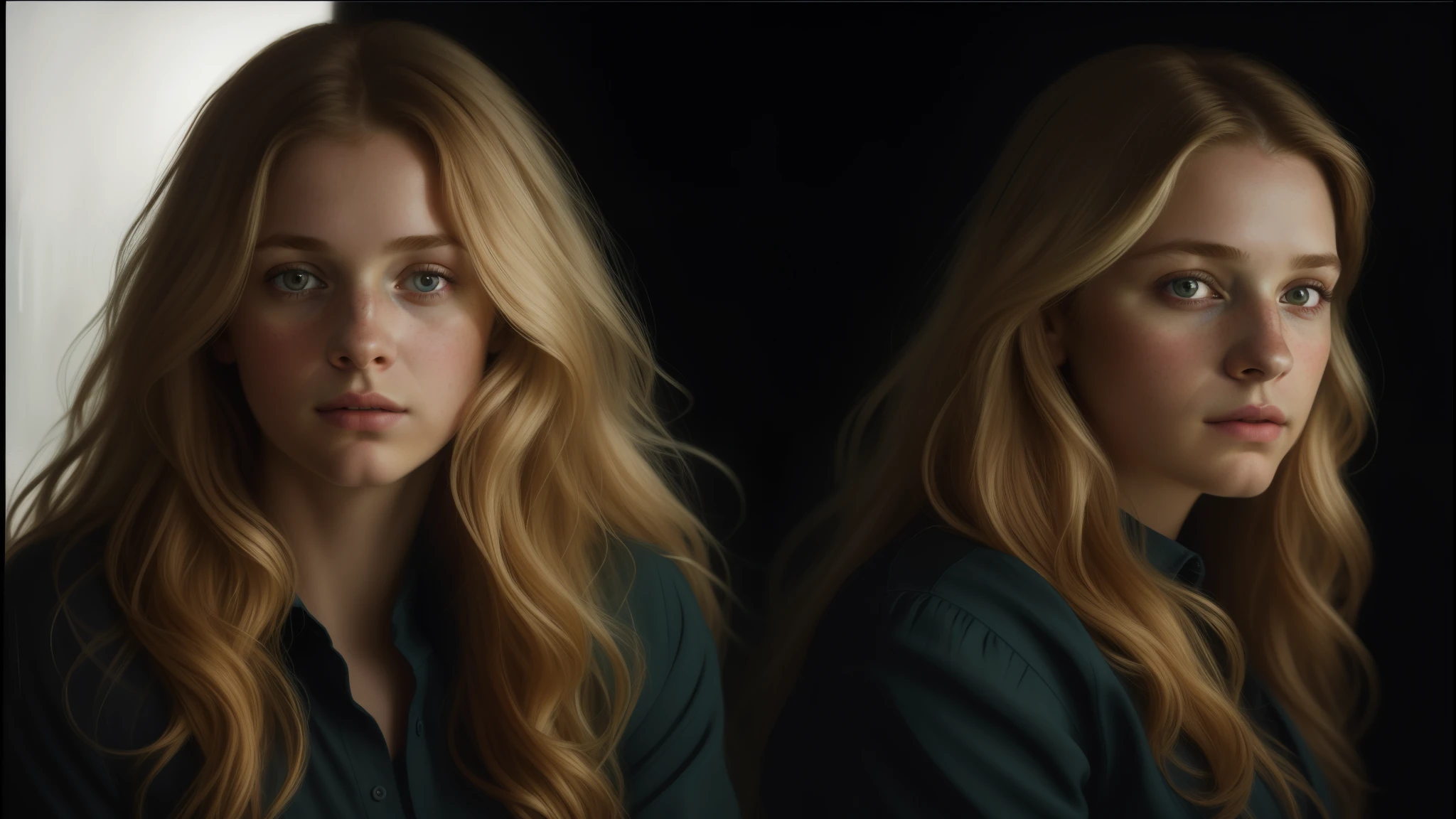 (front focus),(in the dark:1.6), Hyperrealist portrait of the female by David Hockney and Alphonse Mucha, fantasy art, photo-realistic, dynamic lighting, art station, poster, volumetric lighting, very detailed faces, 4 k, award-winning,, 1girl, in the dark, deep shadow, low key, cowboy shot,(official clothing:1.4), long blond hair,