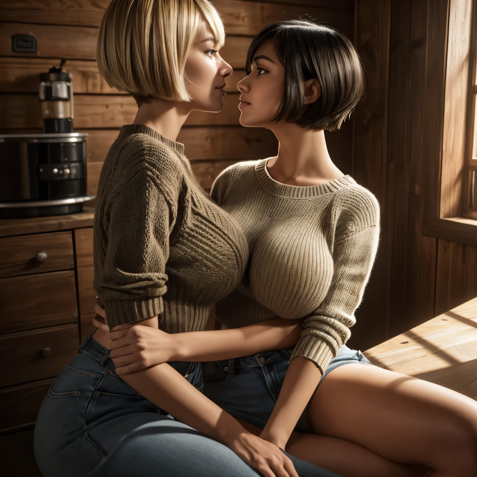 Two girls in a cabin in the woods, dressed in knitted sweaters, (kissing:1.2), (Isabel Merced, blond, bob_cut hair),(Isabel Merced, black hair, bob_cut hair), (skin texture:1.1), (high detail face:1.1), full bodyshot, high detail body, high detail clothes, smiling seductively, (big breasts:1.3),(masterpiece), (realistic), ultra high definition, 4k, ultra high resolution, film grain, cinematic lighting, rim lighting, photo by Arny Freytag, RAW image