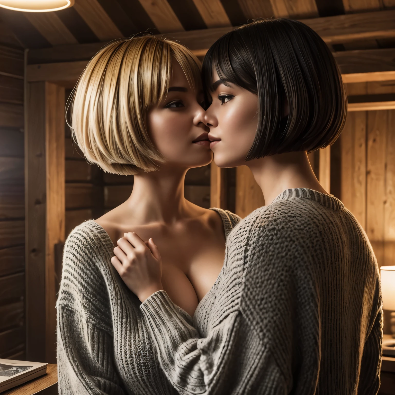 Two girls in a cabin in the woods, dressed in knitted sweaters, (kissing:1.2), (Isabel Merced, blond, bob_cut hair),(Isabel Merced, black hair, bob_cut hair), (skin texture:1.1), (high detail face:1.1), full bodyshot, high detail body, high detail clothes, smiling seductively, (big breasts:1.3),(masterpiece), (realistic), ultra high definition, 4k, ultra high resolution, film grain, cinematic lighting, rim lighting, photo by Arny Freytag, RAW image