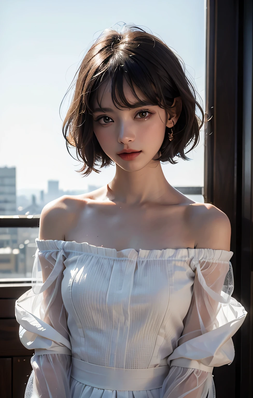 (((parted bangs, dark hair hair, shoulder length wavy bob))), best quality, 8K, HDR, highres, absurdres:1.2, blurry background, bokeh:1.2, Photography, (RAW photo:1.2), (photorealistic:1.4), (masterpiece:1.3), (intricate details:1.2), 1girl, solo, chinese girl, delicate, (beautiful detailed eyes), (detailed facial features), petite, (((small breasts))), ((looking_at_viewer)), perfect proportions, (skinny), (best quality:1.4), (ultra highres:1.2), cinema light, (extreme detailed illustration), (lipgloss, best quality, ultra highres, depth of field, caustics, Broad lighting, natural shading, (((white see through off-shoulder blouse))),