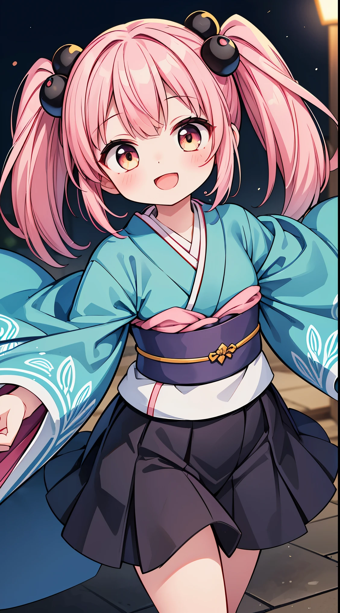 (masterpiece, top quality, best quality, official art, beautiful and aesthetic:1.2),ultra-detailed,intricate details,amazing illustration,award-winning art,atmospheric,
BREAK, 1 beautiful girl, Solo,(Cute:1.5),(Chibi:0.8), (kawaii:1.5),(Lori:0.5), BREAK, (girl, Cute, Cheerful, Loli face, medium breasts:1.2),(Pink hair,disheveled short twin tails,tareme,Gold eyes:1.45),gleaming skin,Clear skin, cleavage of the breast,Beautiful , gleaming skin,Clear skin, Beautiful skin,( A smile:1.5),(best quality face),
BREAK , furisode, obi, sash, (kimono), (Japanese-style hair-ornament), tabi, zouri, long hems, standing, (spread arms:1.2),symmetrical, feet focus, head tilt, smile, BREAK, background, the sun is beginning to rise behind a mountain, outdoors, BREAK,wakame,wakame,wakame,(Cowboy Shot:1.4),
BREAK,(Blurry background:1.3),(absurderes, hight resolution, Super Detail Art),cel shading,Clear Color, Lonely optical effect, Beautiful pictures, Bright glow, mystic atmosphere,(Close-up of girl:1.1), Mystical light particle effect,manga influence, clean line drawings,