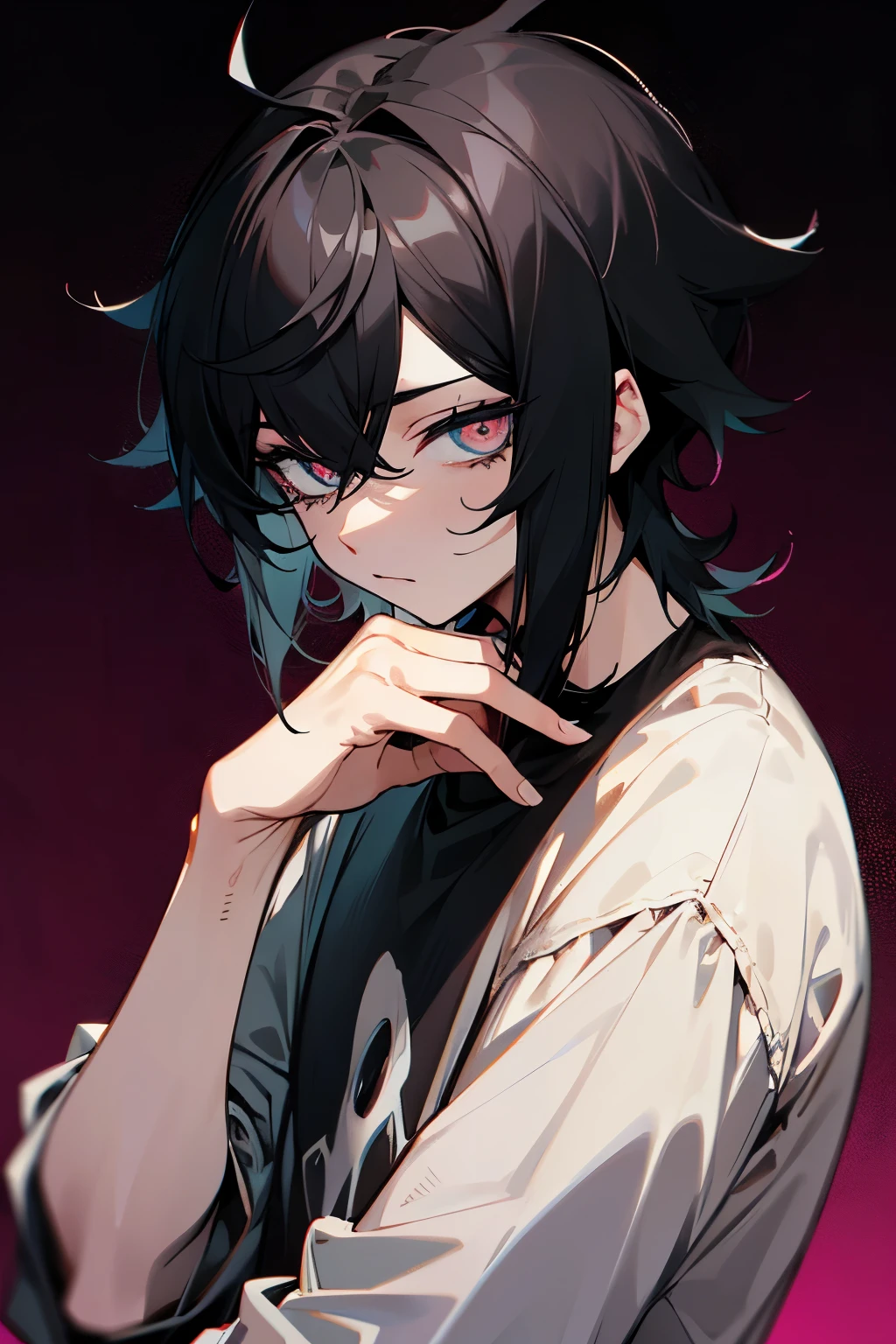 boy, monotone eyes, dark hair, shaggy hairstyle, nightcore aesthetic