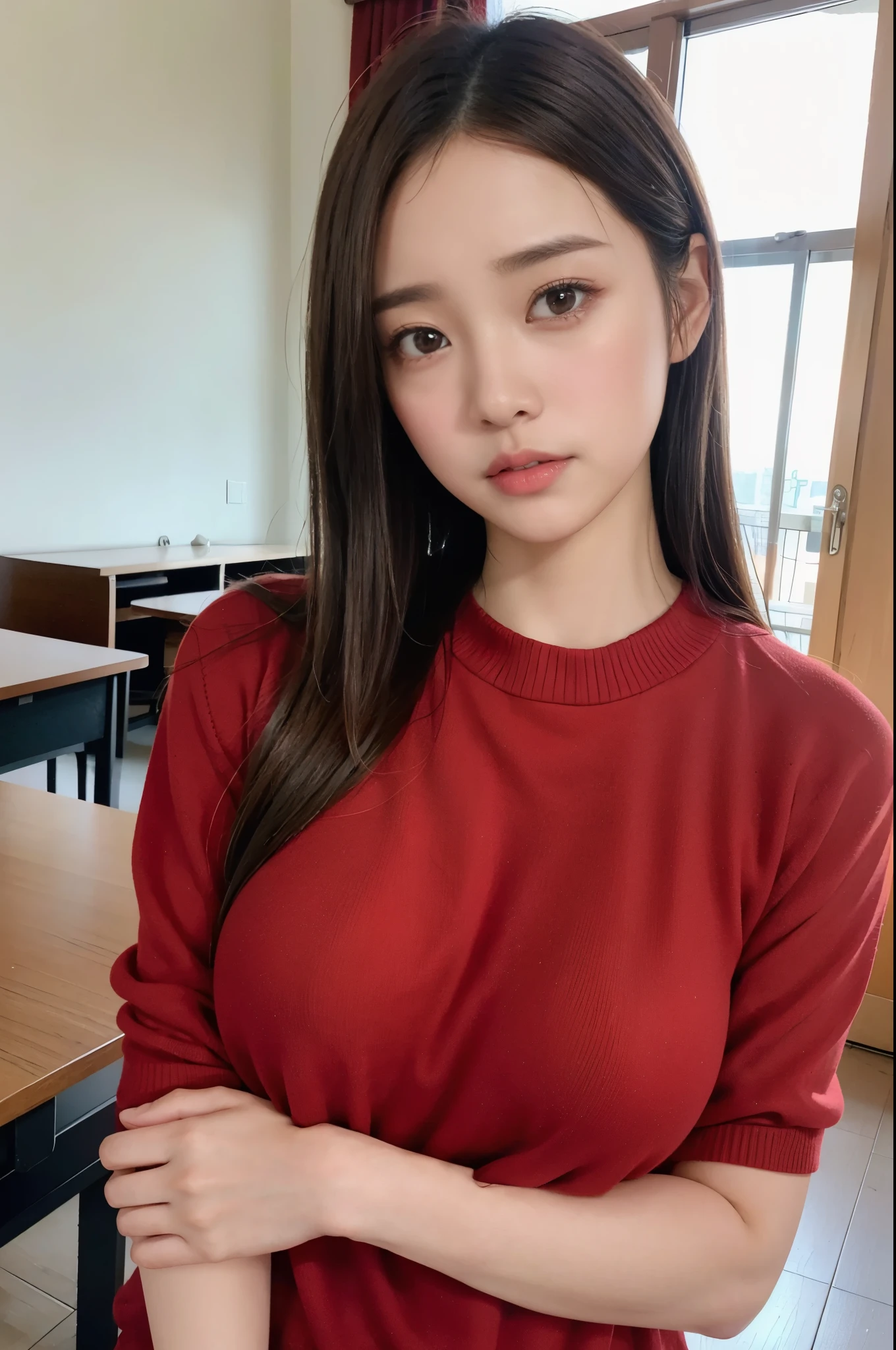 Random pose、top quality、ultra high resolution、(Realism:1.5)、1 girl、red sweater、(brown hair:1.2)、(Big breasts:1.2)、‎Classroom、looking at the audience、close up、Whole BodyEsbian、nasty eyes
