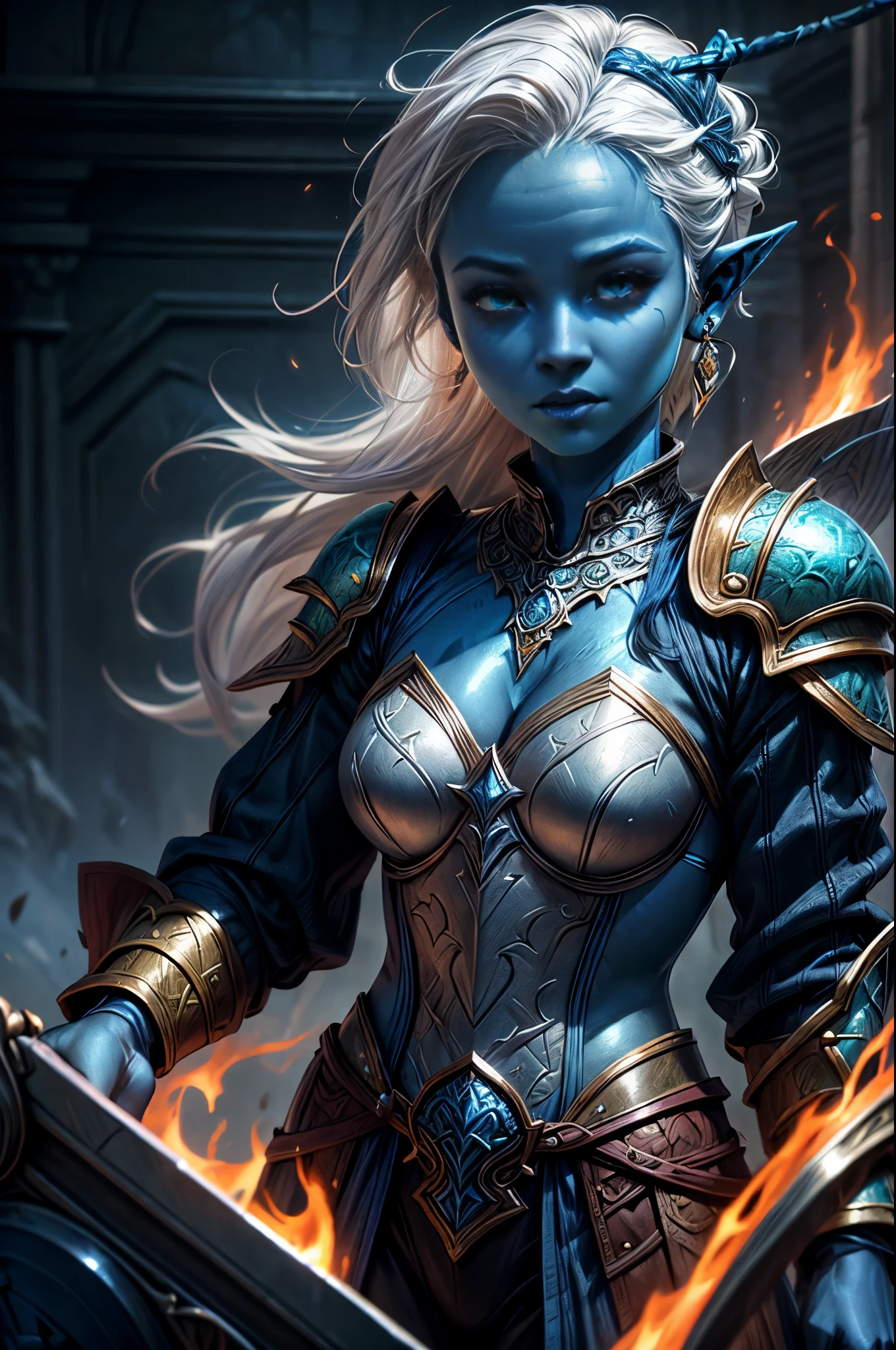 zrpgstyle fantasy art, dnd art, RPG art, wide shot, (masterpiece: 1.4) portrait, intense details, highly detailed, photorealistic, best quality, highres, portrait a vedalken female (fantasy art, Masterpiece, best quality: 1.3) ((blue skin: 1.5)), intense details facial details, exquisite beauty, (fantasy art, Masterpiece, best quality) cleric, (blue colored skin: 1.5) 1person blue_skin, blue skinned female, (white hair: 1.3), long hair, intense green eye, ((no ears: 1.6)), fantasy art, Masterpiece, best quality) armed a fiery sword red fire, wearing heavy (white: 1.3) half plate mail armor, wearing high heeled laced boots, wearing an(orange :1.3) cloak, wearing glowing holy symbol GlowingRunes_pink, within fantasy temple background, reflection light, high details, best quality, 16k, [ultra detailed], masterpiece, best quality, (extremely detailed), close up, ultra wide shot, photorealistic, RAW, fantasy art, dnd art, fantasy art, realistic art,((best quality)), ((masterpiece)), (detailed), perfect face