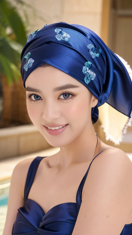 Masterpiece, realistic, best quality, best lighting, 1 pretty girl with angelic face, ((full body photo shot head to toe)), beautifully makeup, eyeshadow, Parted Lips, Detailed Eyes, beautiful big eyes, long eye lashes, smile, wearing ((Dark blue satin headscarf)), loosely tide hijab style, (mini tight two pieces bikini), very big breast, standing in the pool, (seducing, sexy pose)