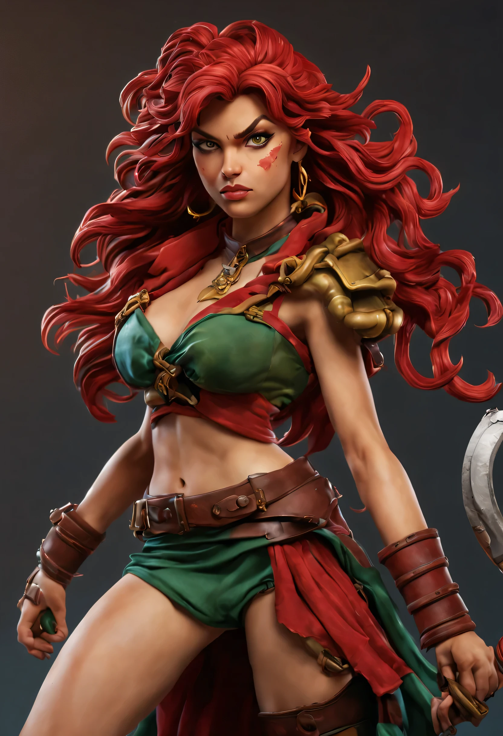 Create a hyper-realistic representation of the character Red Monika from the Battle Chasers comic book saga, olhos verdes claros, pele clara, flowing red hair, vestido como uma pirata, grande decote, seios enormes, corpo voluptuoso, integrating authentic details of the nautical costume and elements characteristic of piracy, mantendo a fidelidade ao estilo original de Joe Madureira, 35mm lens, photorealistic.