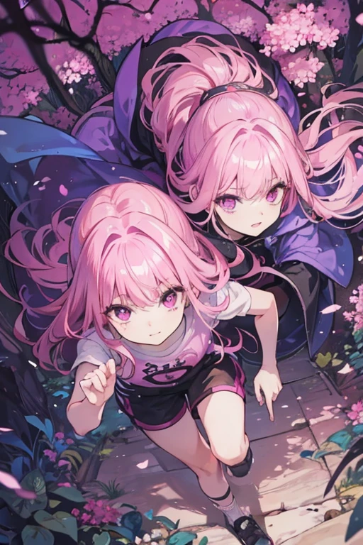 A pink haired handsome man with violet eyes is running through a creepy forest with a pinked haired girl