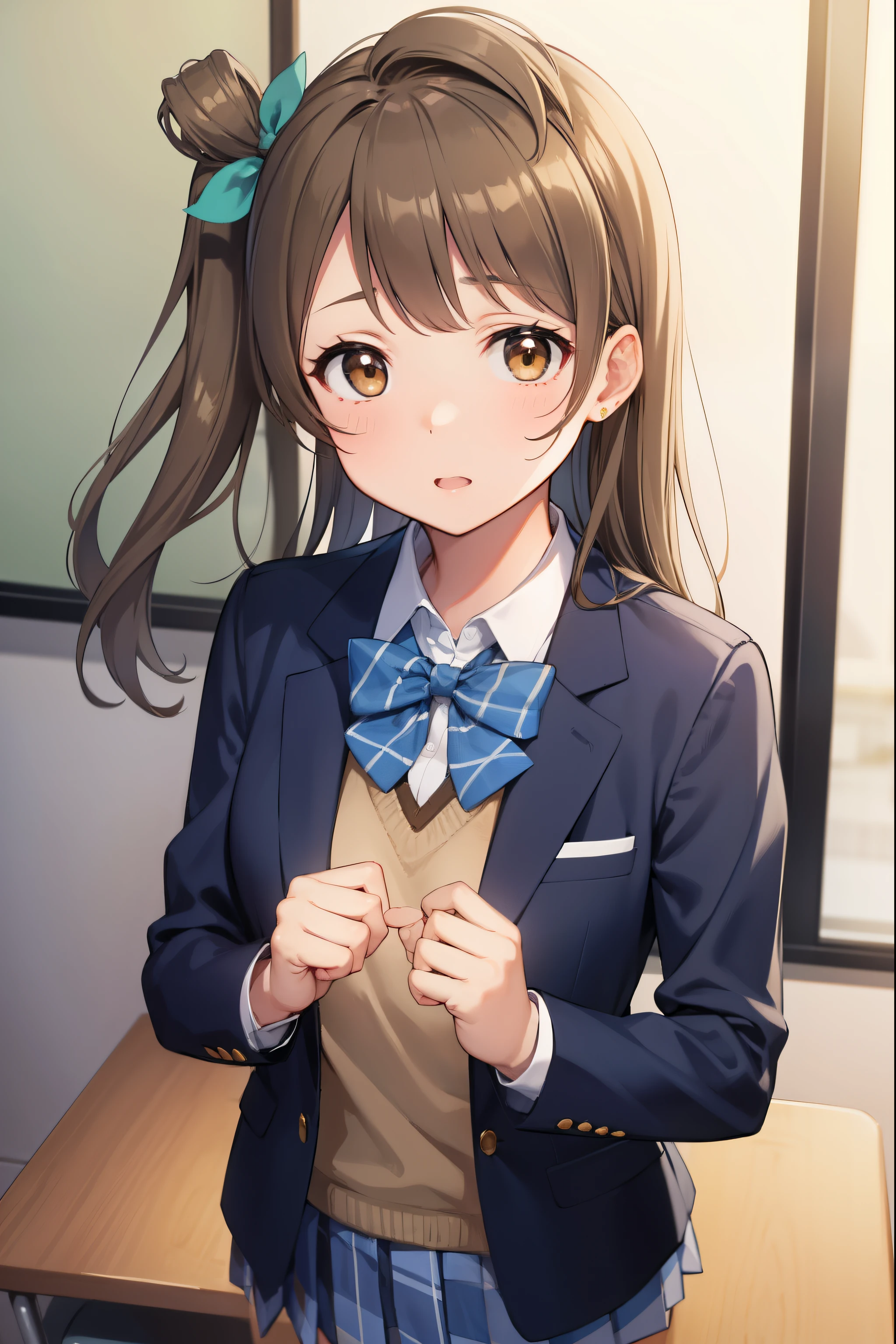 kotoriminami, kotori minami, brown hair, (brown eyes:1.5), one side up, hair ribbon, ribbon, long hair,
BREAK blazer, blue skirt, jacket, otonokizaka school uniform, pleated skirt, school uniform, winter uniform,
BREAK looking at viewer,
BREAK indoors, classroom, 
BREAK (masterpiece:1.2), best quality, high resolution, unity 8k wallpaper, (illustration:0.8), (beautiful detailed eyes:1.6), extremely detailed face, perfect lighting, extremely detailed CG, (perfect hands, perfect anatomy),