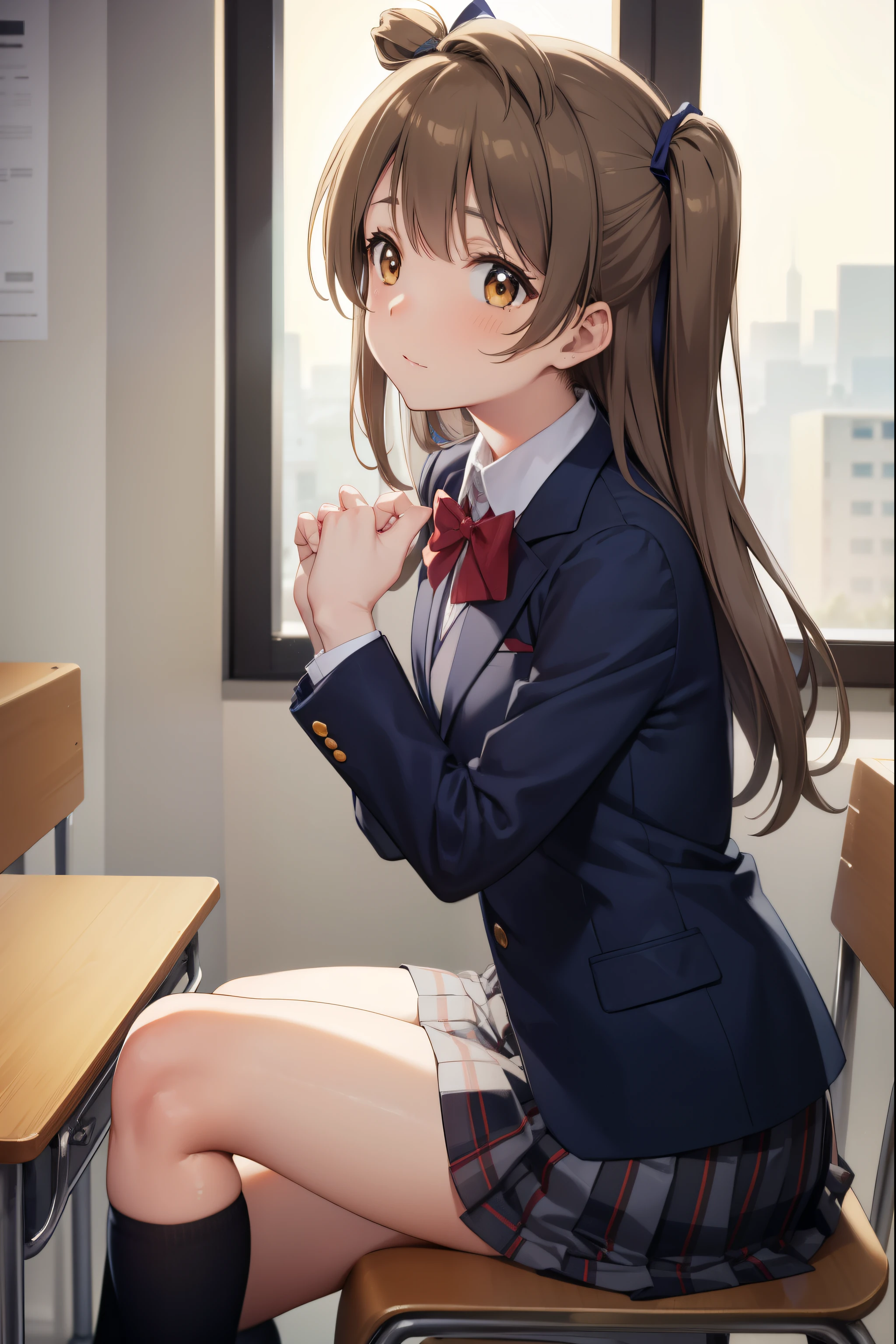 kotoriminami, kotori minami, brown hair, (brown eyes:1.5), one side up, hair ribbon, ribbon, long hair,
BREAK blazer, blue skirt, jacket, otonokizaka school uniform, pleated skirt, school uniform, winter uniform,
BREAK looking at viewer,
BREAK indoors, classroom, 
BREAK (masterpiece:1.2), best quality, high resolution, unity 8k wallpaper, (illustration:0.8), (beautiful detailed eyes:1.6), extremely detailed face, perfect lighting, extremely detailed CG, (perfect hands, perfect anatomy),