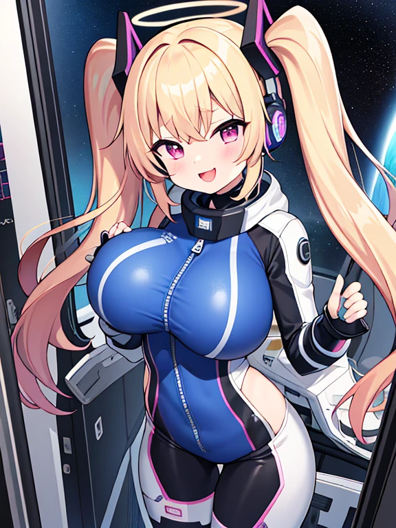 very detailed、masterpiece、high quality、one high school girl、、Loli、(white and pink space suit)、front zipper、(Futuristic, Tight Fit Bodysuit)、headphone、Cyberpunk space station interior background、(Multicolored blonde hair),ロングtwin tails, (pink eyes), change,twin tails,sassy change，cheey change，mesugaki,girl,天才girl、(big breast):1.1,(blush):1.1、halo、