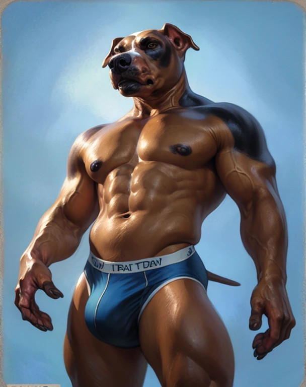 solo, anthro (pitbull), male, exposed penis, massive dick, bare torso, photorealistic, hyperrealistic, ultra detailed, natural pose, standing, by personalami, by honovy, by thebigslick, by taran fiddler, by pixelsketcher, correct hands, white briefs, bulge, nipples, (muscular:1.3), (oily:1.3), blue wall background, detailed eyes:1.3), (bulky:1.3)