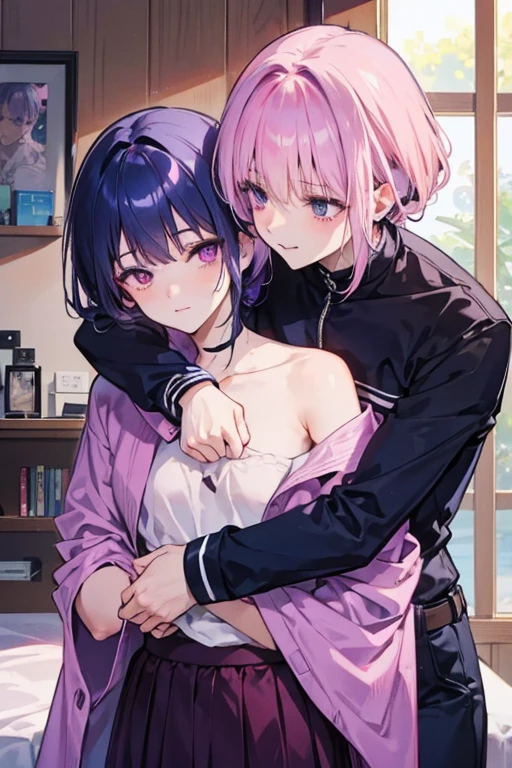 A navy haired man with silver eyes is hugging a pink haired handsome man with violet eyes in a cozy cabin