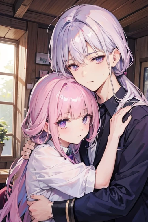 A muscular navy haired man with silver eyes is hugging a pink haired handsome man with violet eyes in a cozy cabin in fancy suits
