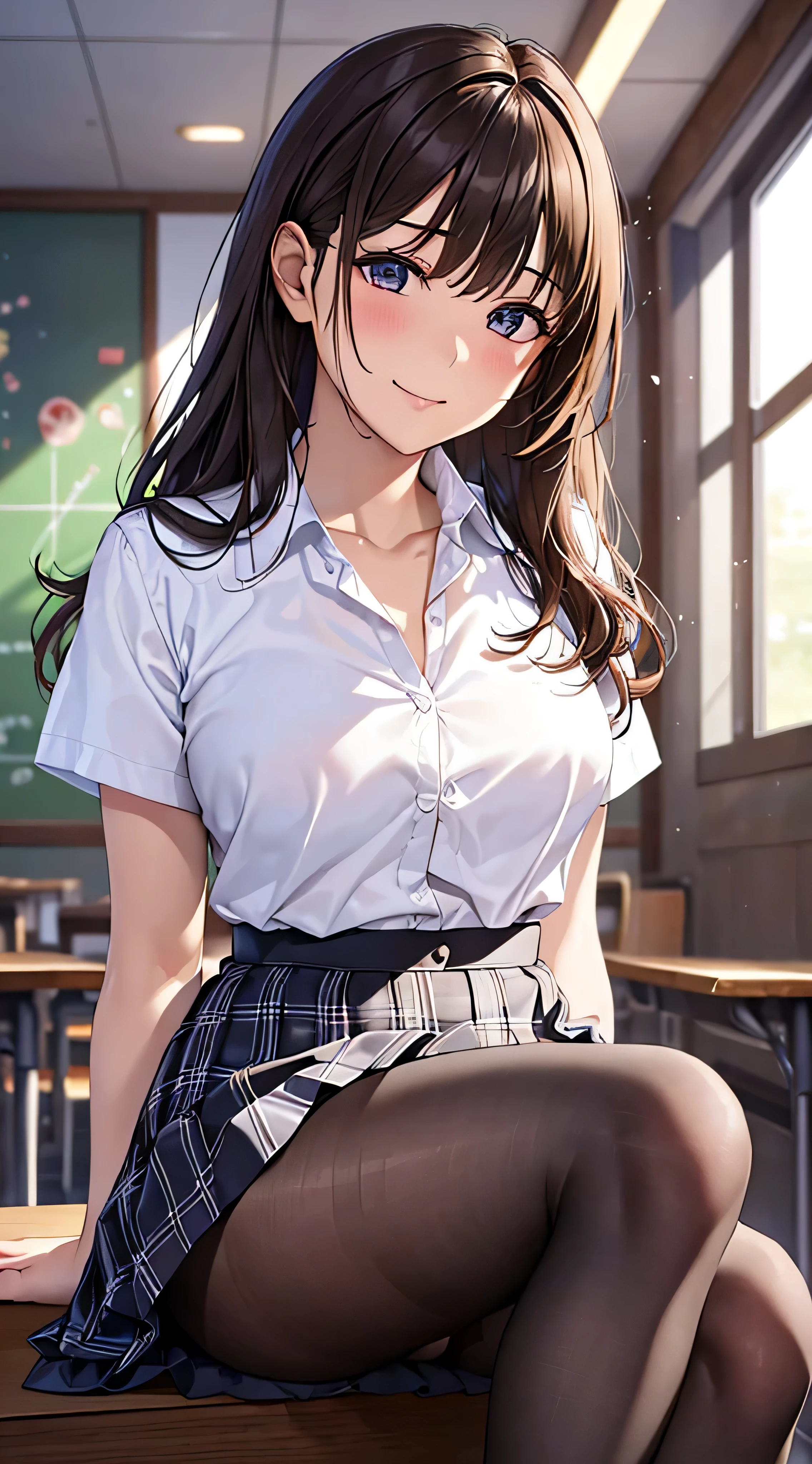 ((table top, highest quality, High resolution, nffsw, perfect pixel, 4K, nffsw, nffsw))), 1 girl, single, alone, beautiful woman、I could see the whole body、 ((medium length wavy hair, bangs, brown hair)), ((brown eyes, beautiful eyelashes, realistic eyes)), ((detailed face, blush:1.2)), ((smooth texture:0.75, realistic texture:0.65, realistic:1.1, Anime CG style)), medium breasts, dynamic angle, perfect body, ((school uniform,  white shirt, black skirt, unbuttoned shirt、plaid skirt、not wearing shoes、white socks)), classroom without people、sit at desk、Lower&#39;I took my foot off the desk.....................................、Very embarrassing panic smile、(lift the skirt with your right hand、open your legs、Open-knee、White floral lace panties)、、(Cute floral bra)、