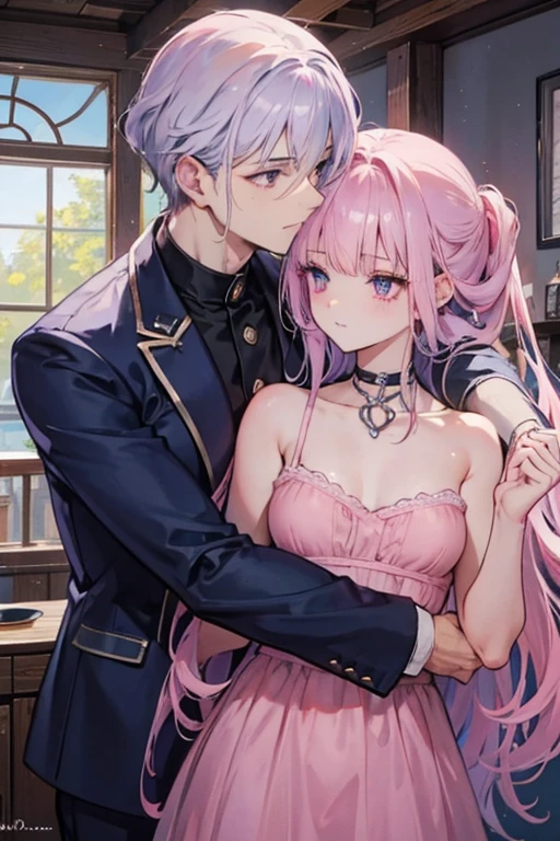 A muscular navy haired man with silver eyes is hugging a pink haired handsome man with violet eyes in a cozy cabin in fancy suits
