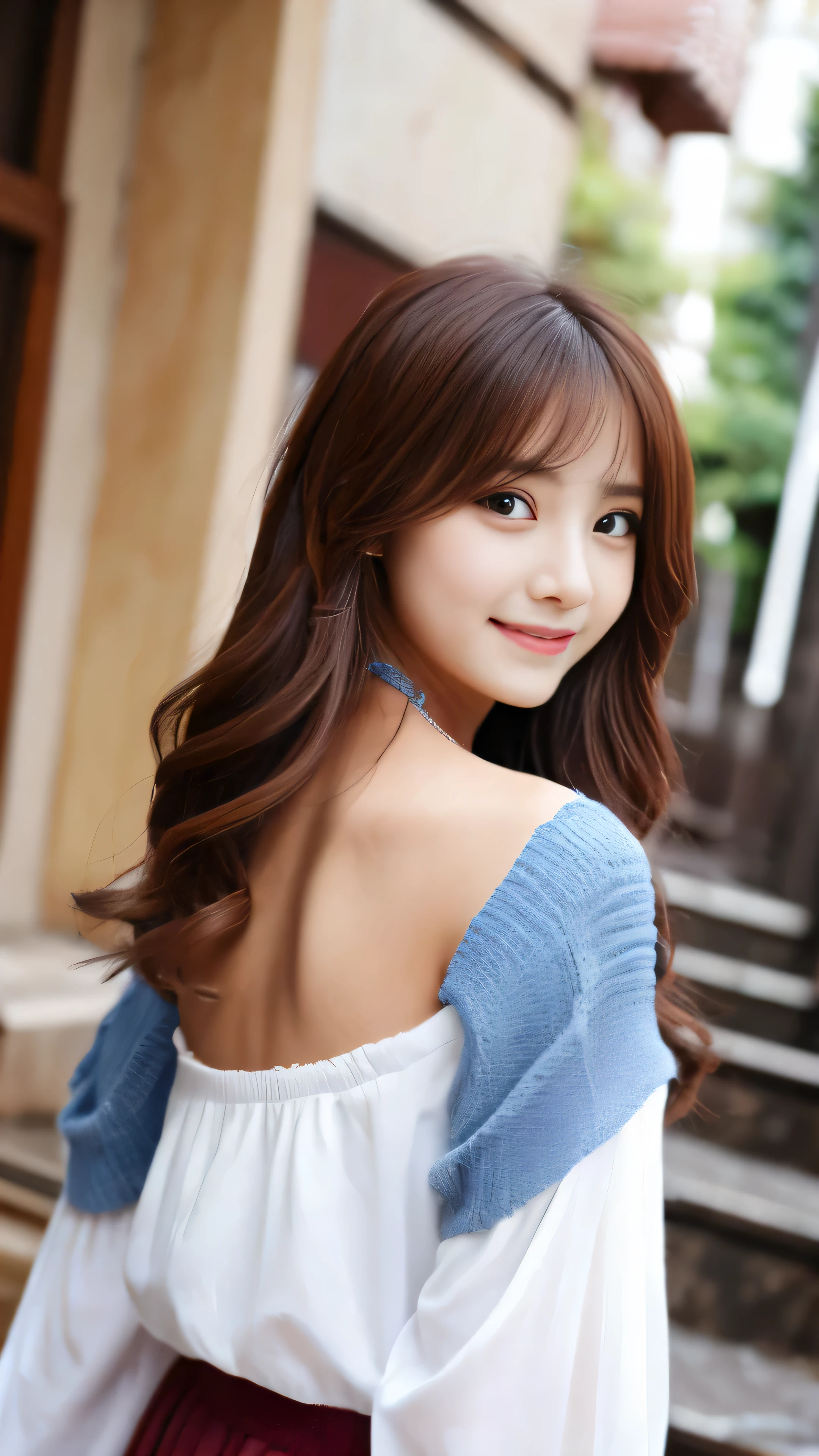 1 girl, Bethel, maroon eyes, chest, medium chest, long hair, chestnut hair, hair above one eye, bangs, gloves, No sleeve, alone, shirt, white shirt, No sleeve shirt, turn your arms behind your back, off shoulder, smile, (masterpiece), (highest quality), (Super detailed), indoors, simple background, blue flower,