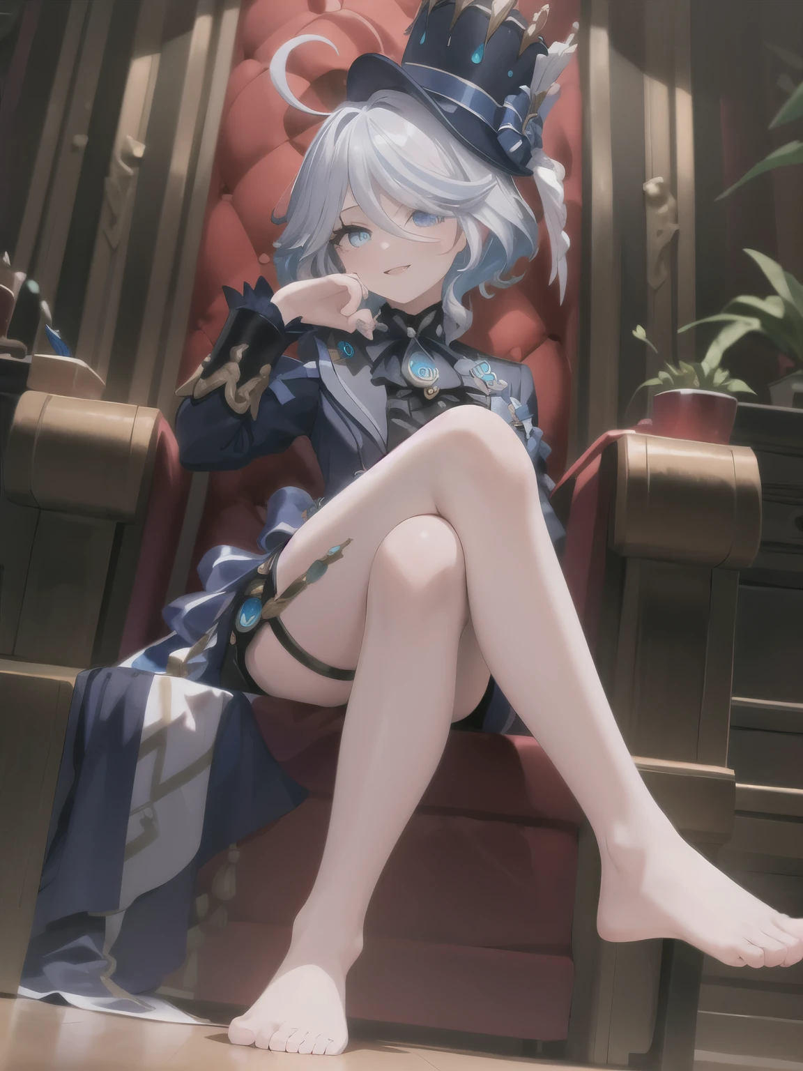 ((masterpiece,best quality)), 1 girl, Forina, Heterochromia, short hair, blue hat, black shorts, barefoot, toe, sitting, from below, Smile, legs crossed, hand on chin