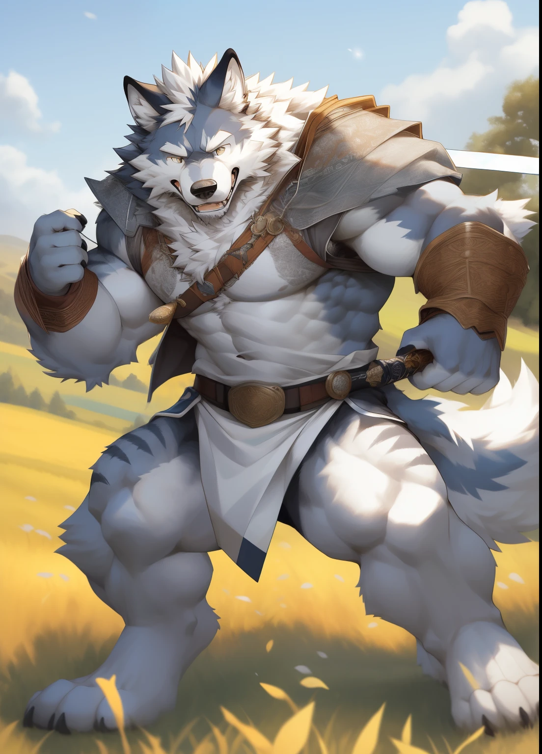 hairy，（（Wolf，White loose coat，）），white fur，male，Common，full body picture（（极其lifelike阴影，masterpiece，Very detailed，lifelike））， （（Cat）），dynamic poses，Armed with a sword，field，side