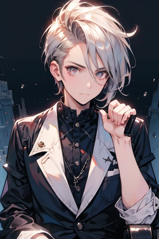 A navy haired man with silver eyes is reaping a soul in a victorian style suit