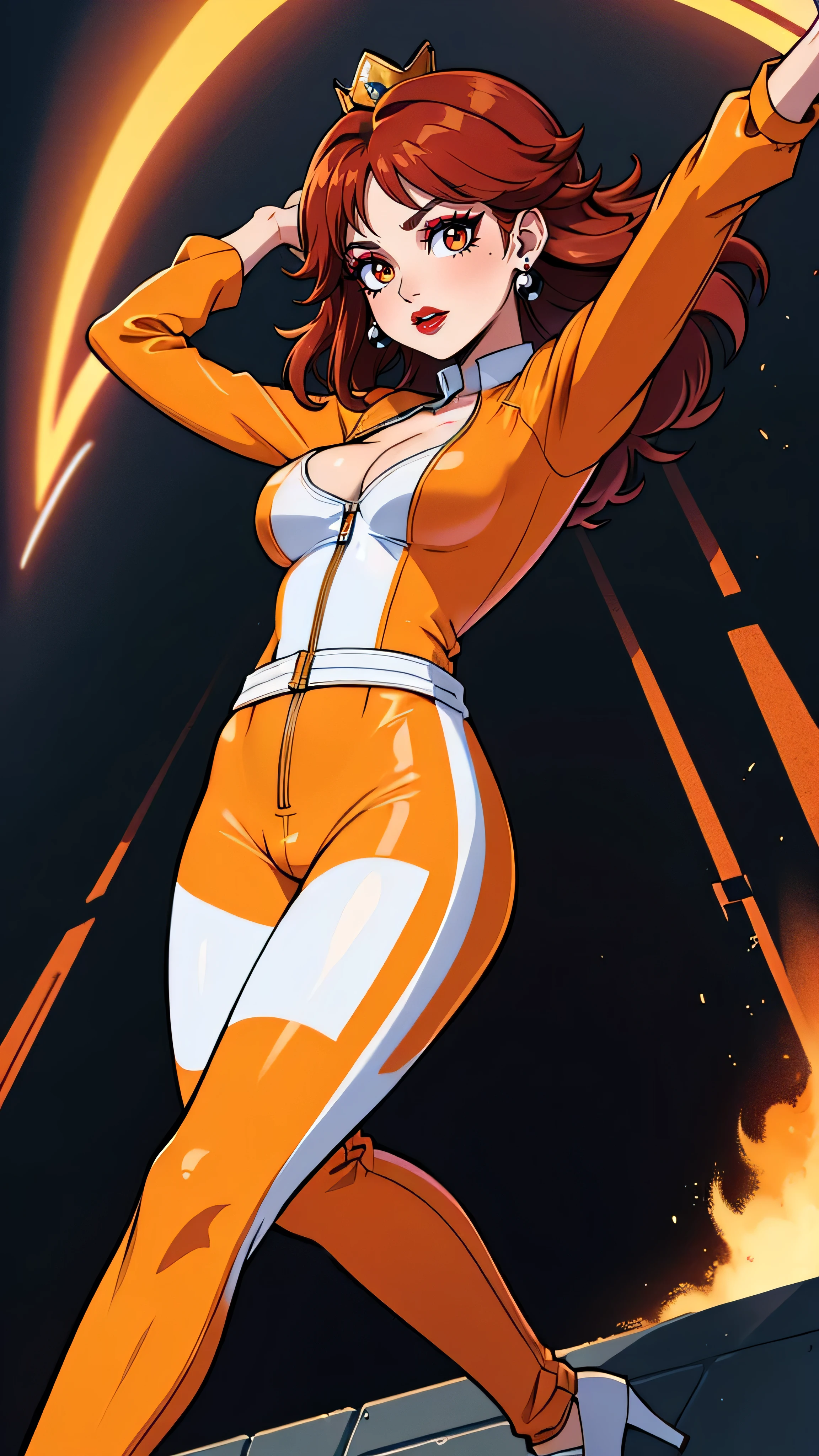 ((high detailed, best quality, 4k, masterpiece, hd:1.3)), (Mario_Kart_speedway), Princess Daisy posing, Daisy_SM, BREAK neon blue eyes, seductive, attractive, sexy smile, smiling, smooth anime cg art, 36C breasts, long legs, vivid colors, detailed digital art, slim body, perfect skin, dark red hair, long red hair, dark hair, red hair, BREAK crown, cleavage, 36C cleavage, looking at viewer, BREAK looking at viewer, extremely detailed face, (orange and white jumpsuit), (Jumpsuit:1.5), (orange and white racing suit), (racing suit:1.5), (high heels), full body, earrings, gem, dark black makeup lips, dark gothic eyeshadows, dark eyeshadows, black eyeshadows, black sexy lips, red lips, dark red lips, very dark red lips, detailed lips, detailed red lips, red painted lips, gothic painted lips, (thin_lips), (very thin lips), dark gothic eyeshadows, dark eyeshadows, black eyeshadows, (perfect hands, perfect anatomy), black makeup, detailed fingers, five fingers per hand, 5 fingers, (1 girl), detailed lips, BREAK night, (breast focus), (breasts out:1.3), (from below:1.25), (arms outstretched:1.3),